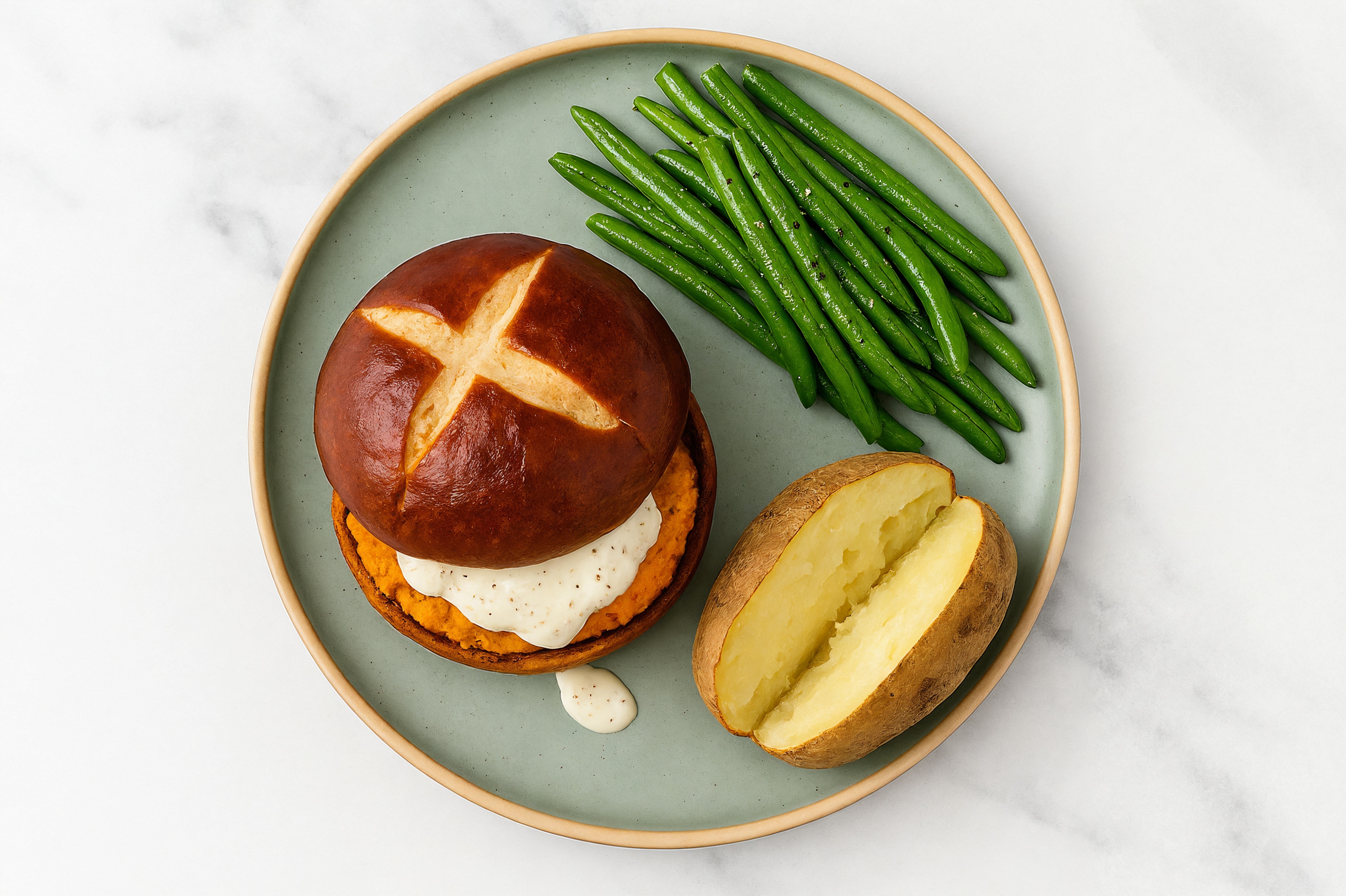Ranch Sweet Potato Burger on Pretzel Bun with Green Beans