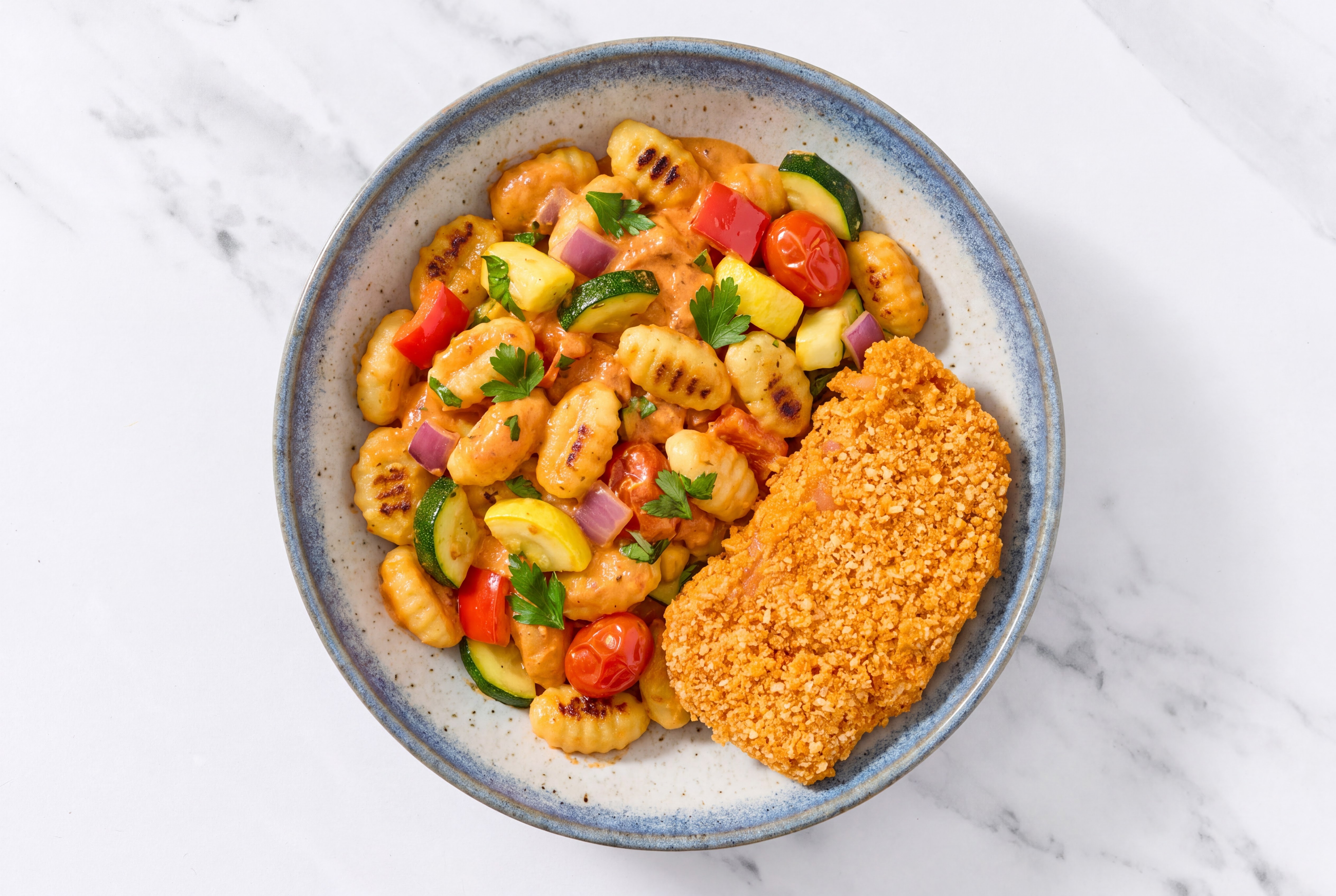 Crispy Hot Honey Chicken over Creamy Vodka Gnocchi with Mixed Veggies