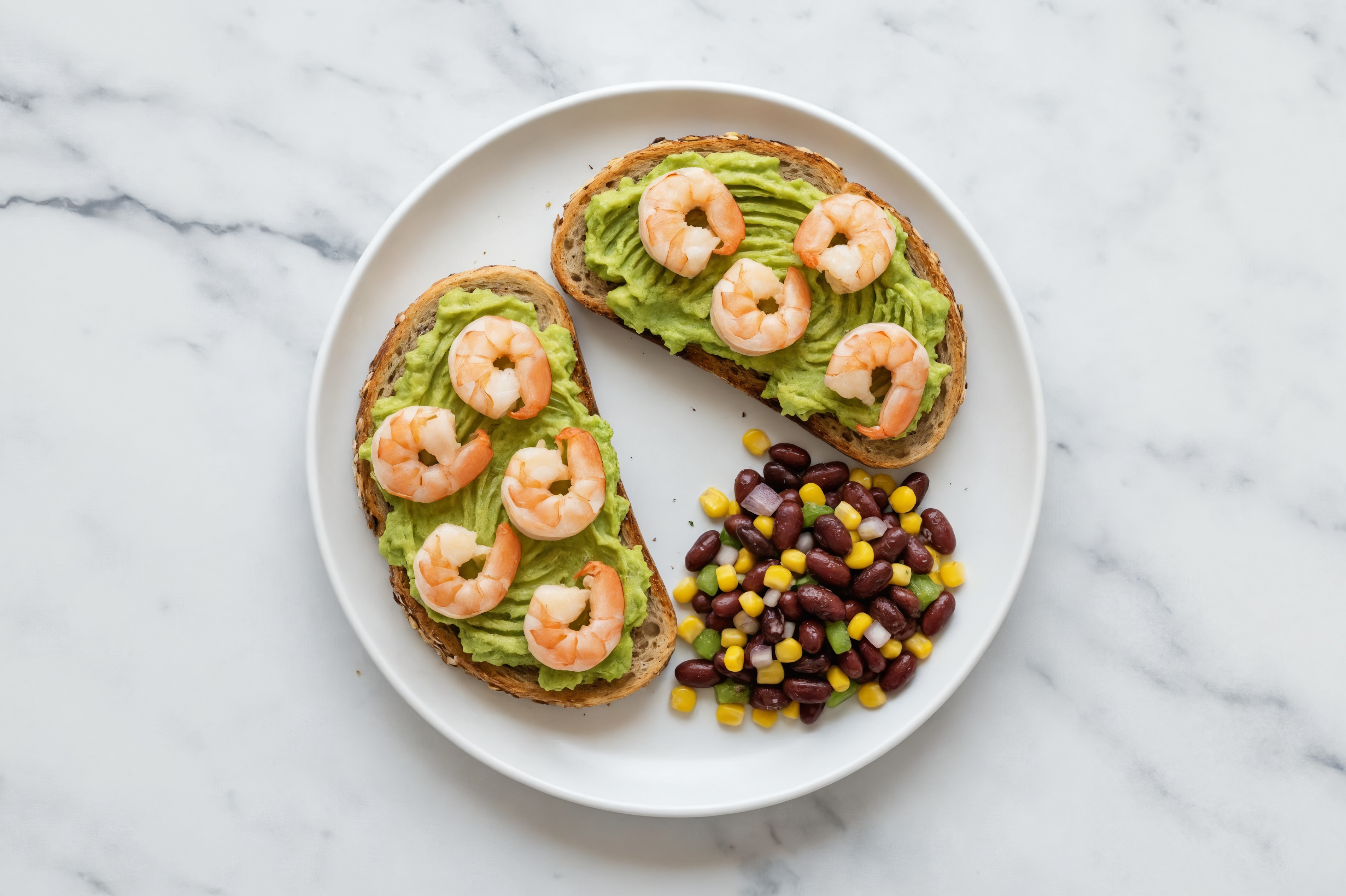 Open Face Avocado Sandwich with Shrimp + Black Bean Salad