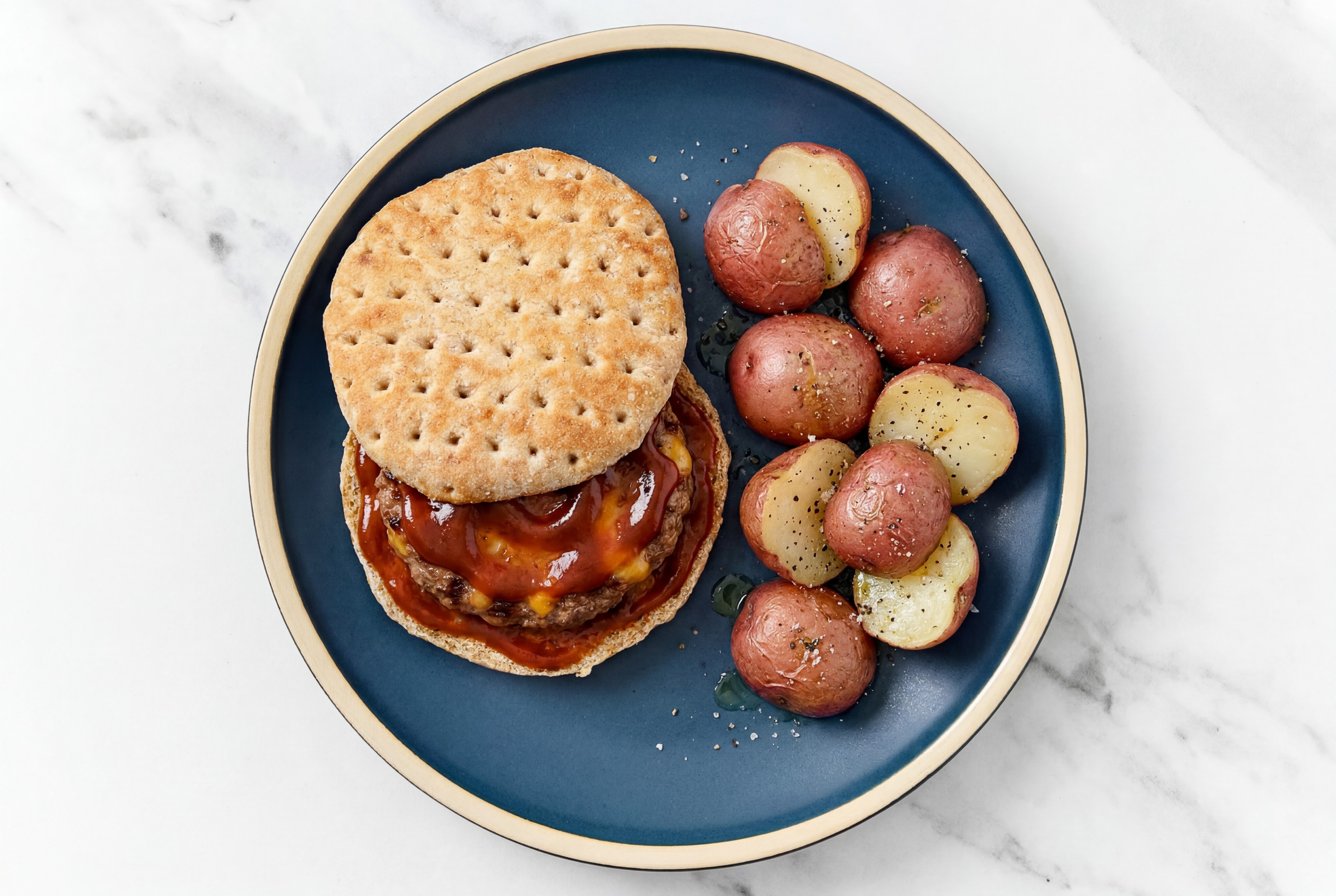 Herby BBQ Bacon + Cheddar Burger with Red Potatoes