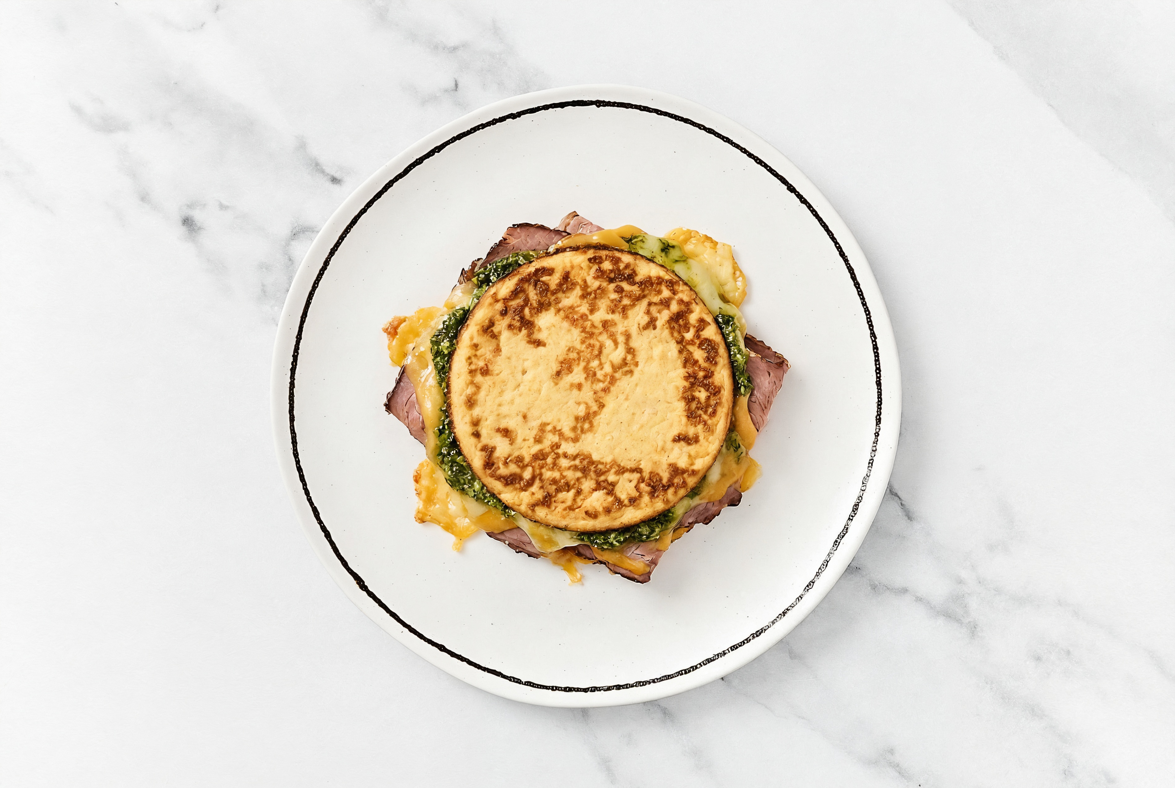Roast Beef Pesto Grilled Cheese with Cauliflower Sandwich Rounds