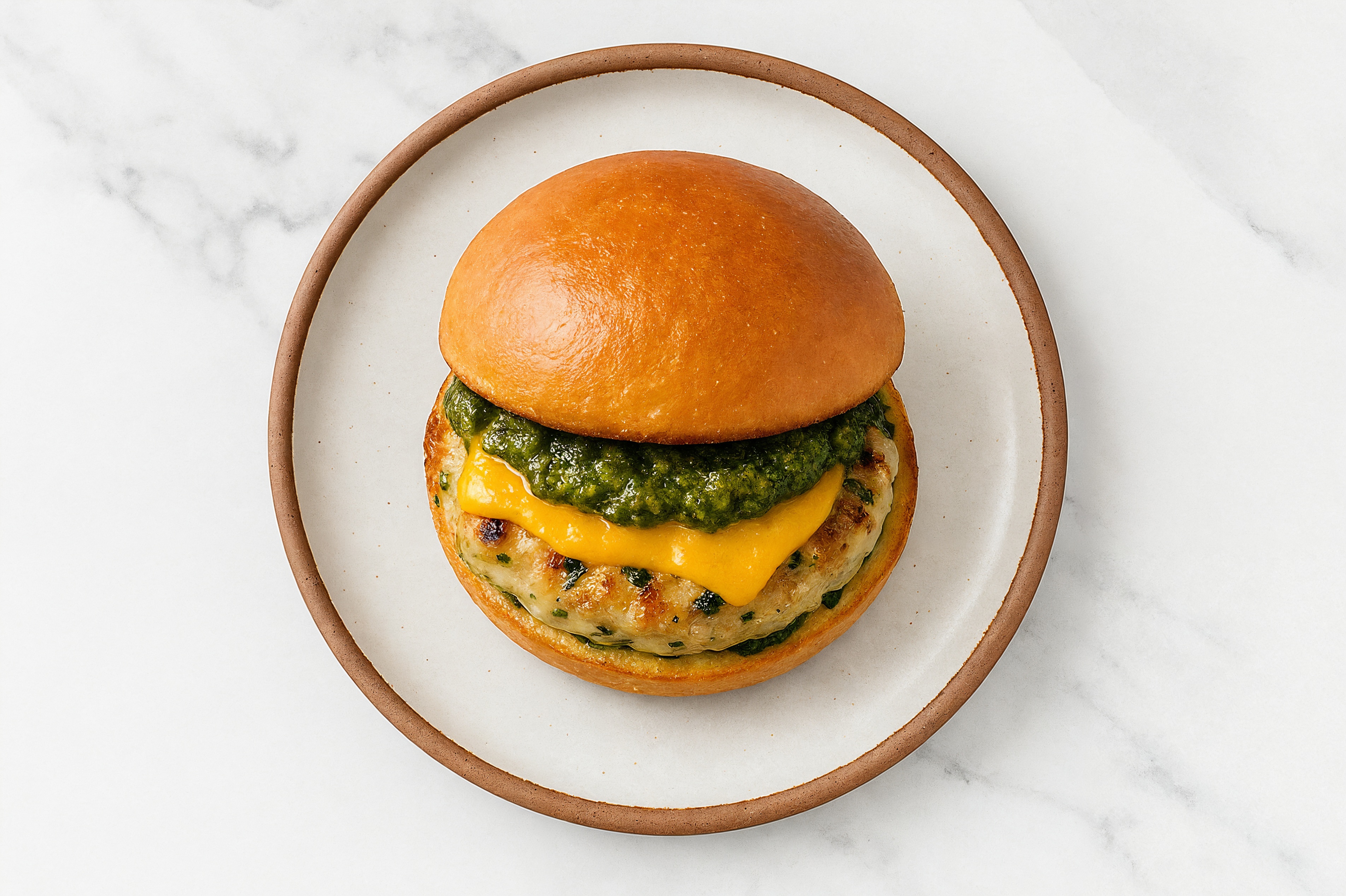 Garlic Chicken Burger Buns on Brioche with Spinach Pesto & Cheddar