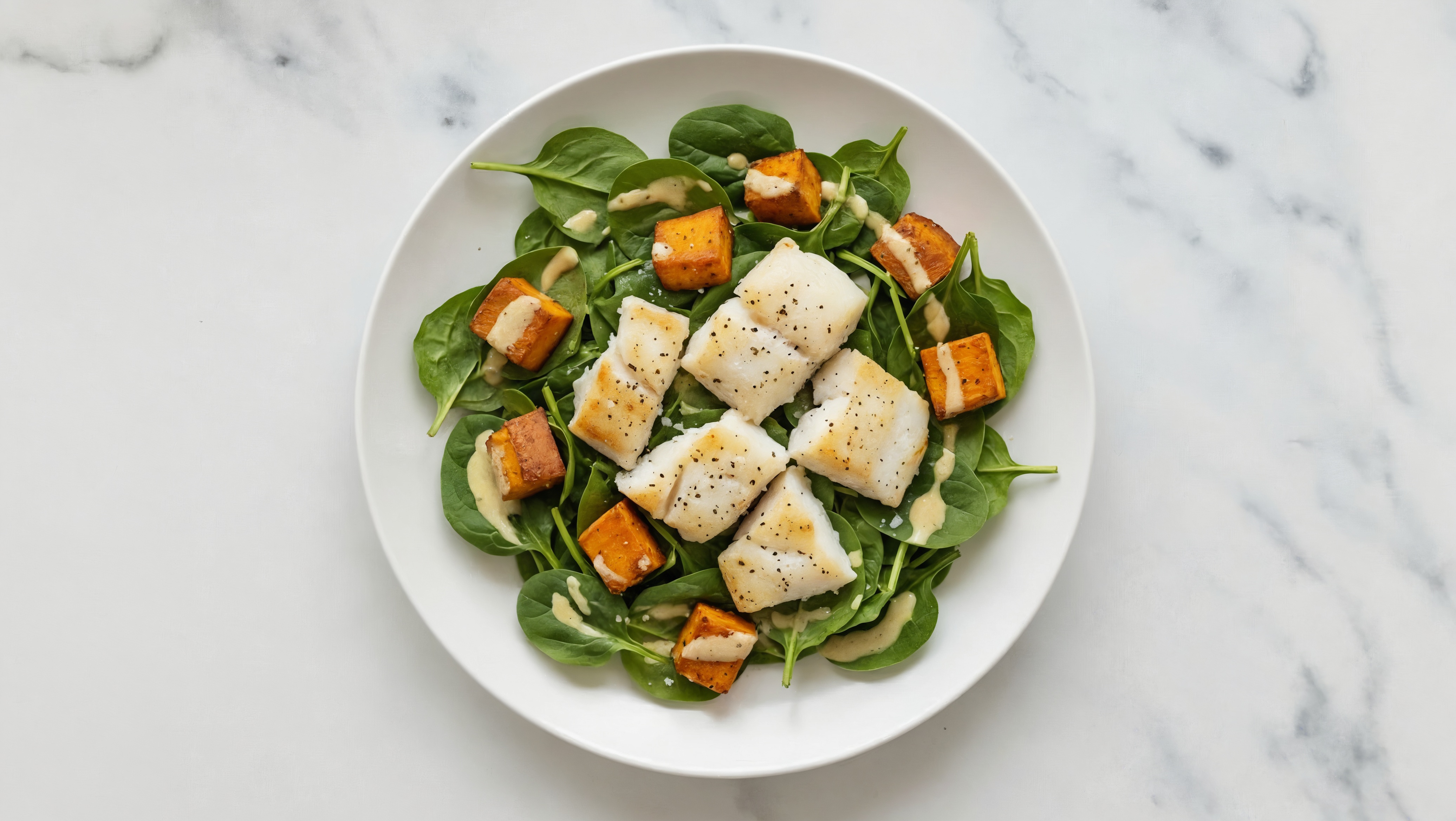 Garden Roasted Halibut Caesar Salad with Baby Spinach
