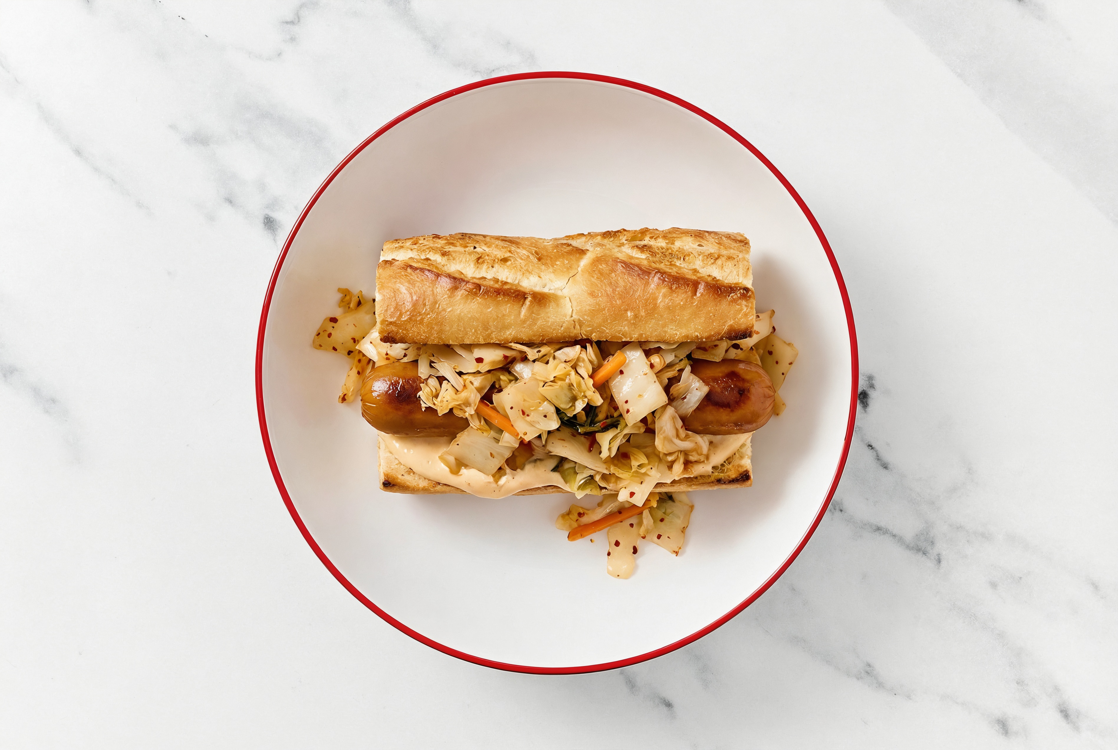 Kimchi Smart Dog with Awesome Sauce on Baguette