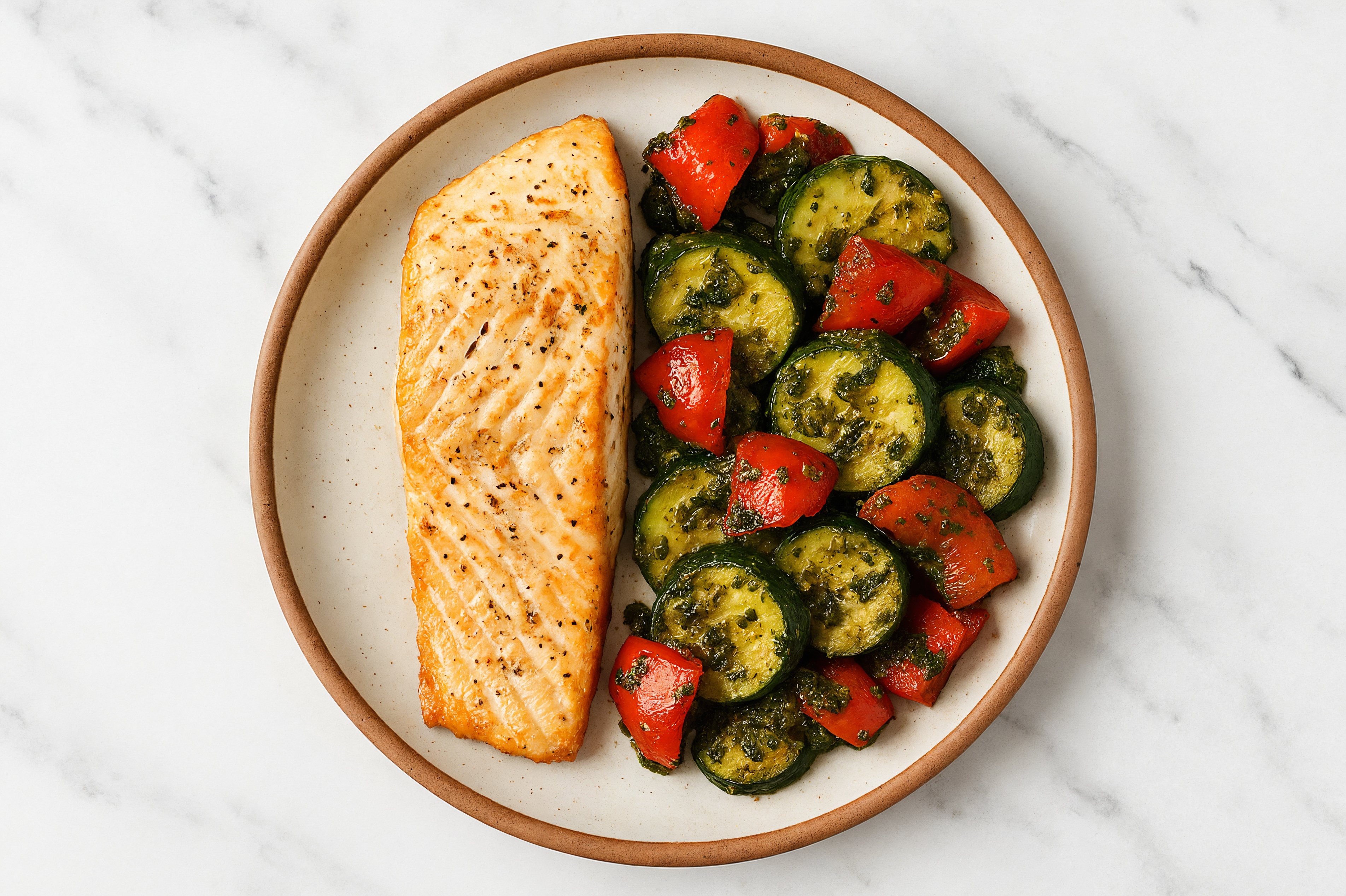 Garlic Herb Trout + Pesto Summer Veggies with Red Bell Pepper