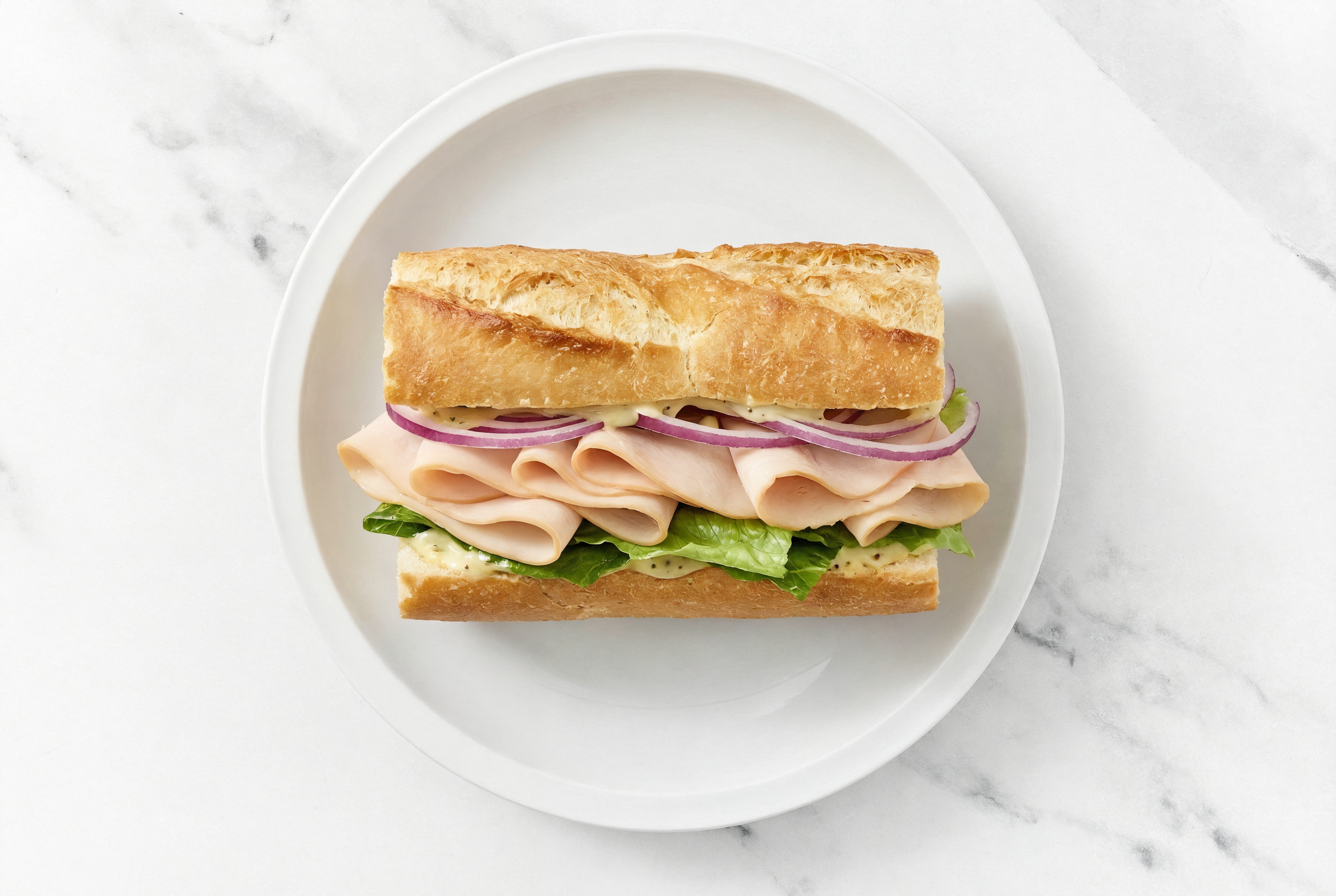 Classic Roasted Turkey Breast Sliced on a Baguette with Honey Mustard Garlic Sauce
