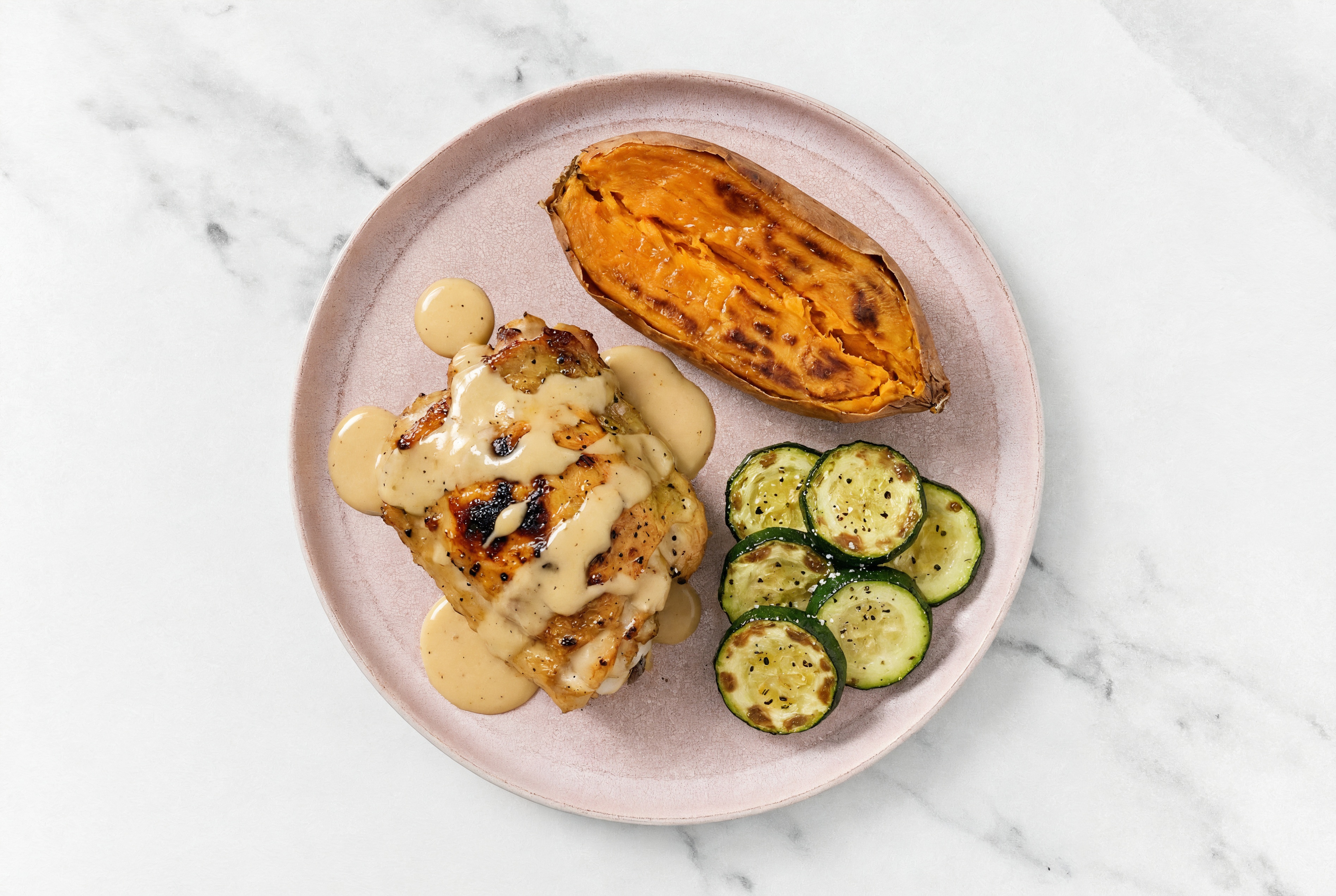 Creamy Miso Chicken Thighs with Sweet Potato with Zucchini