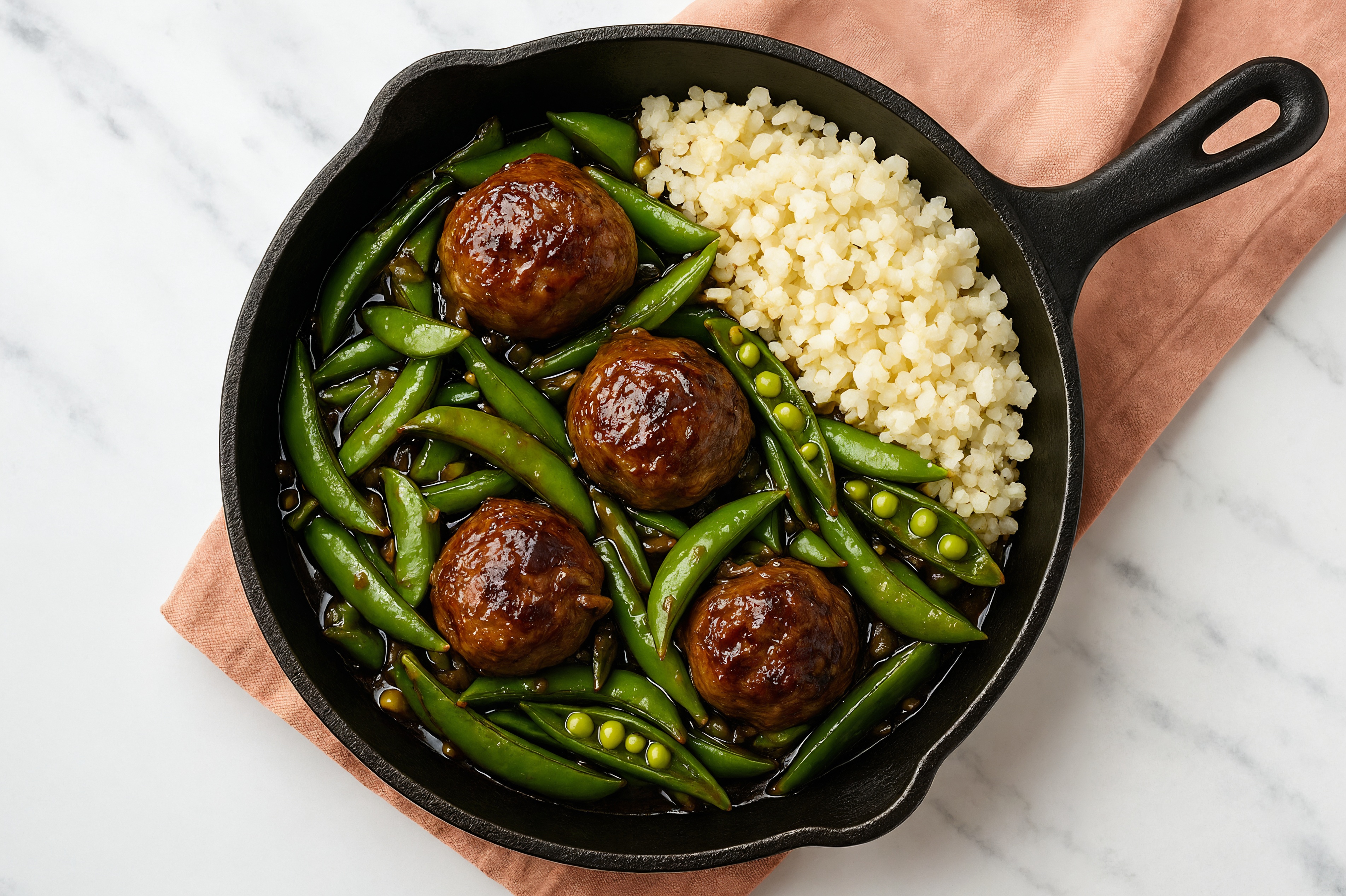Teriyaki Meatball Stir-Fry with Snap Peas over Riced Cauliflower