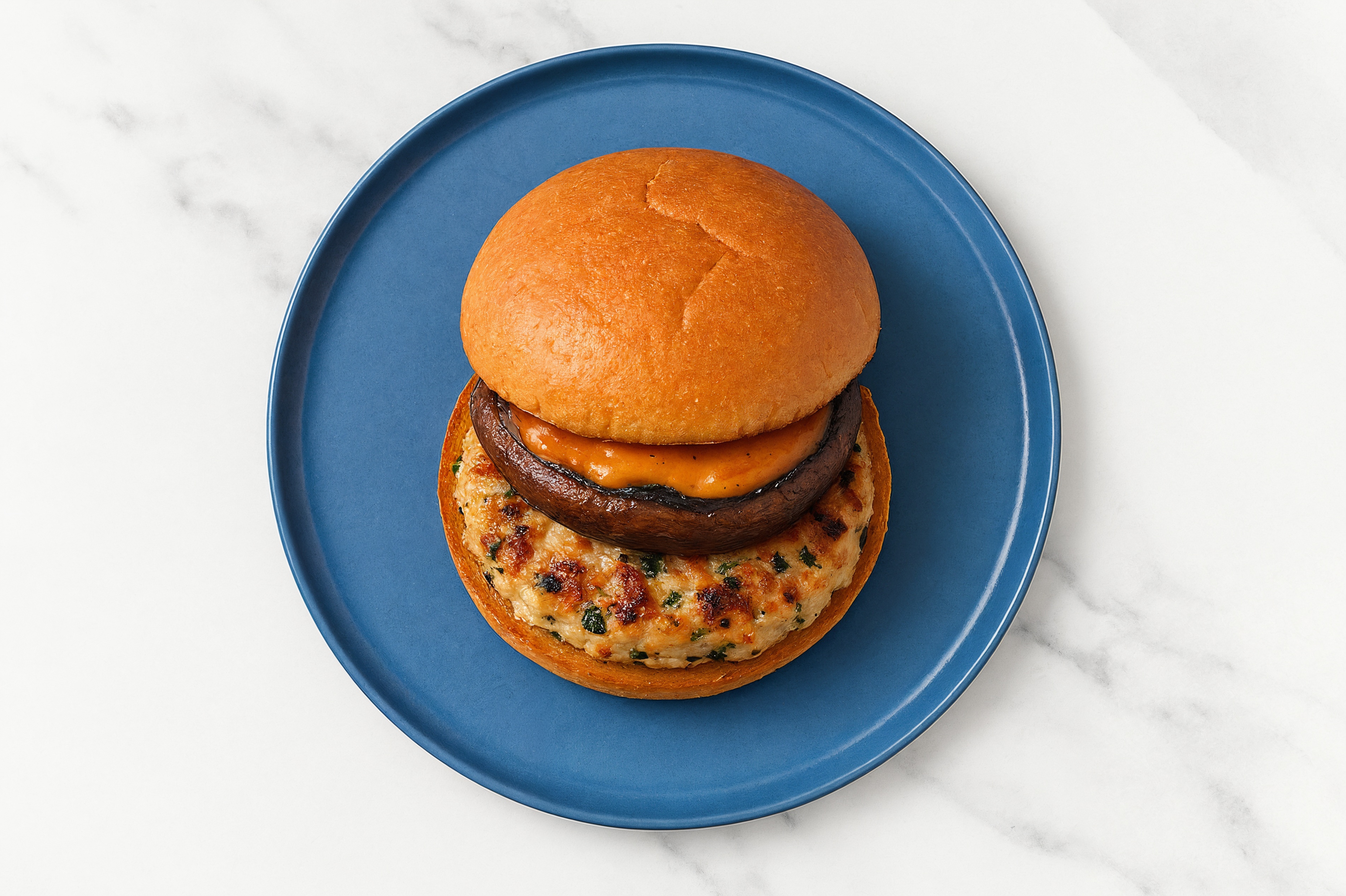 Portabella Chicken Burger on GF Bun with Smoky BBQ Sauce