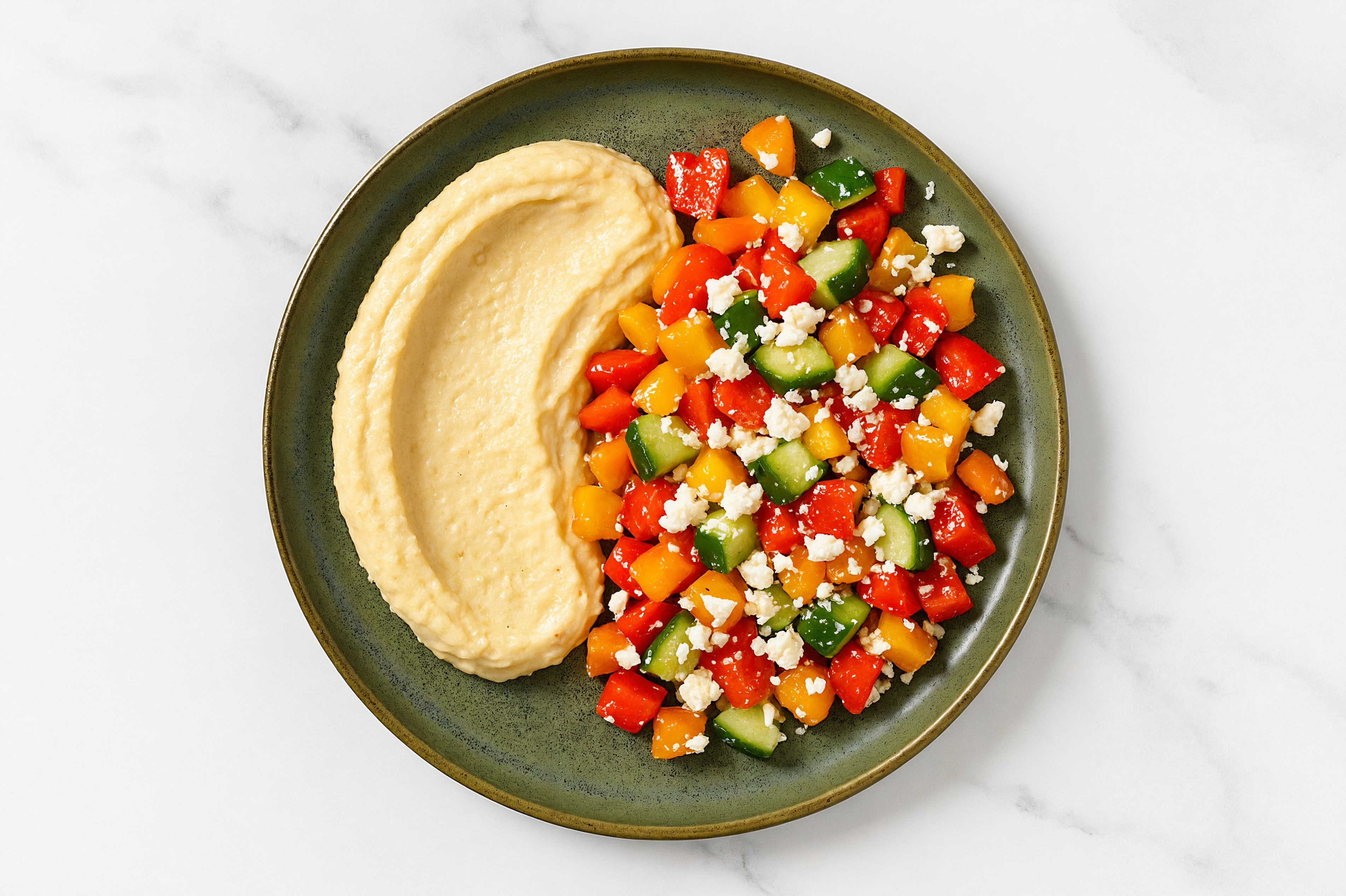 Feta Sweet Pepper Cucumber Bowl over Lemon Garlic Hummus