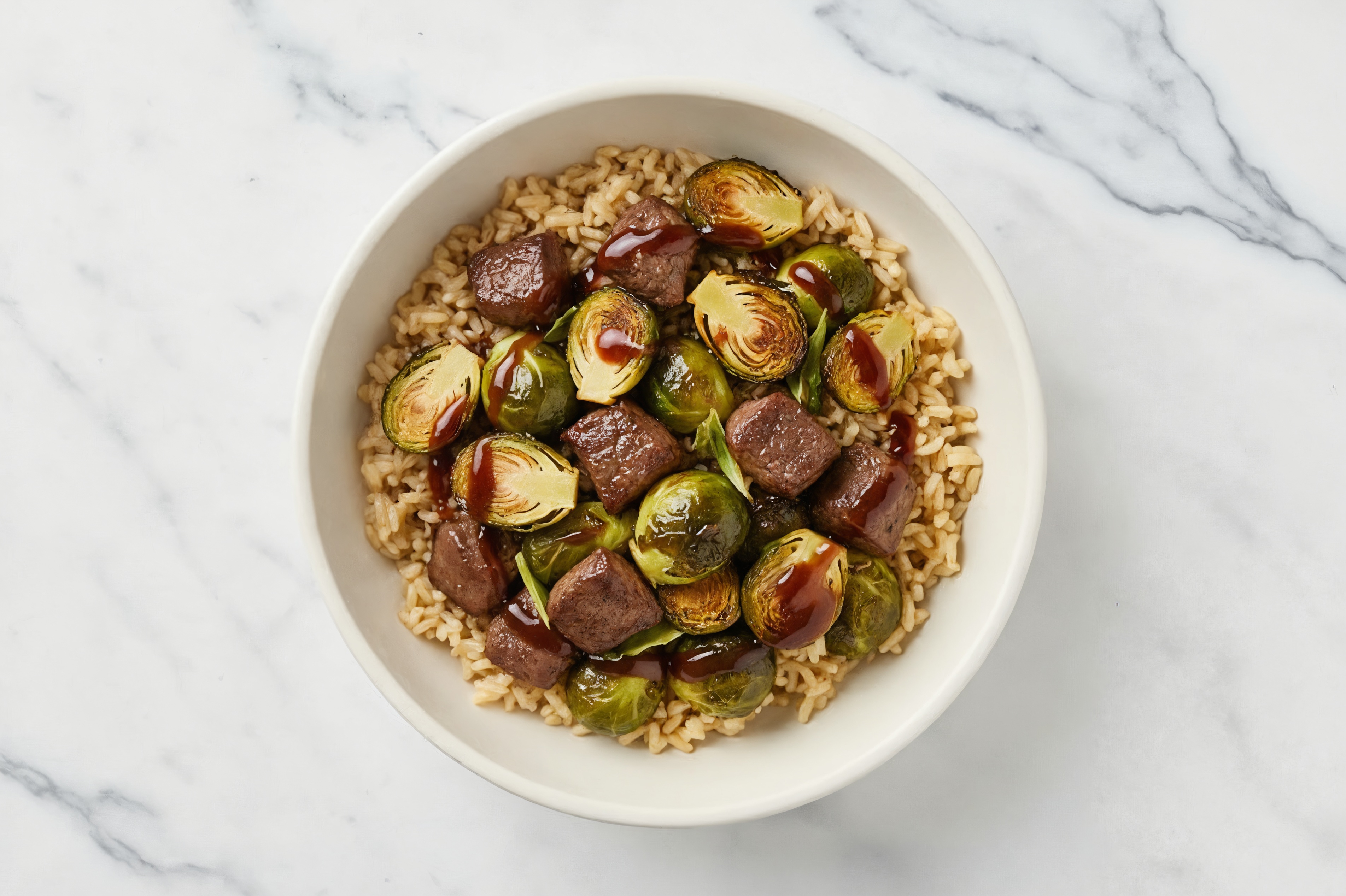 Sweet Teriyaki Seared Lamb + Organic Brown Rice Bowl with Shaved Brussels