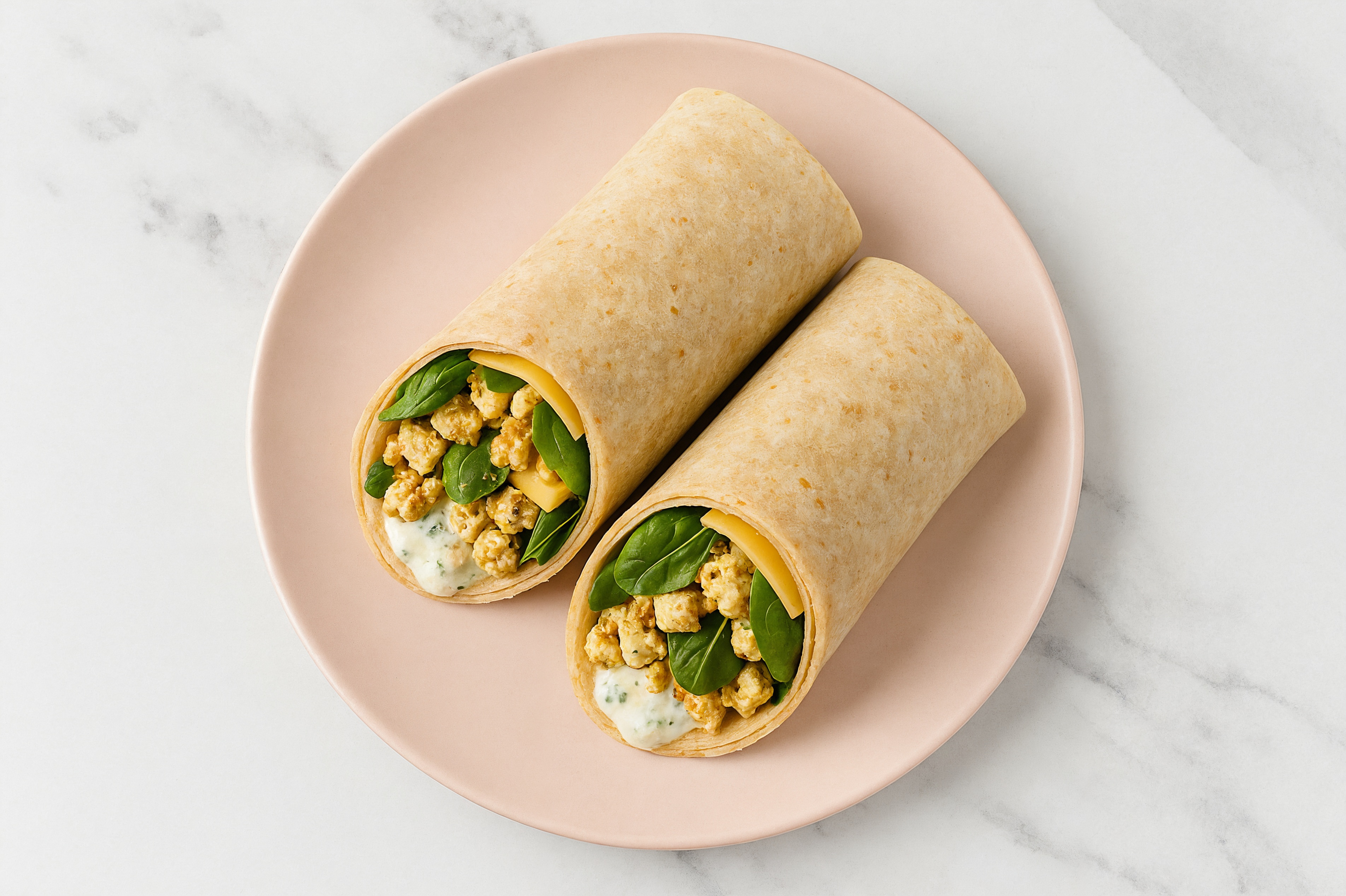 Creamy Spiced Tofu + Vegan Cheddar Tortilla Wraps with Spinach
