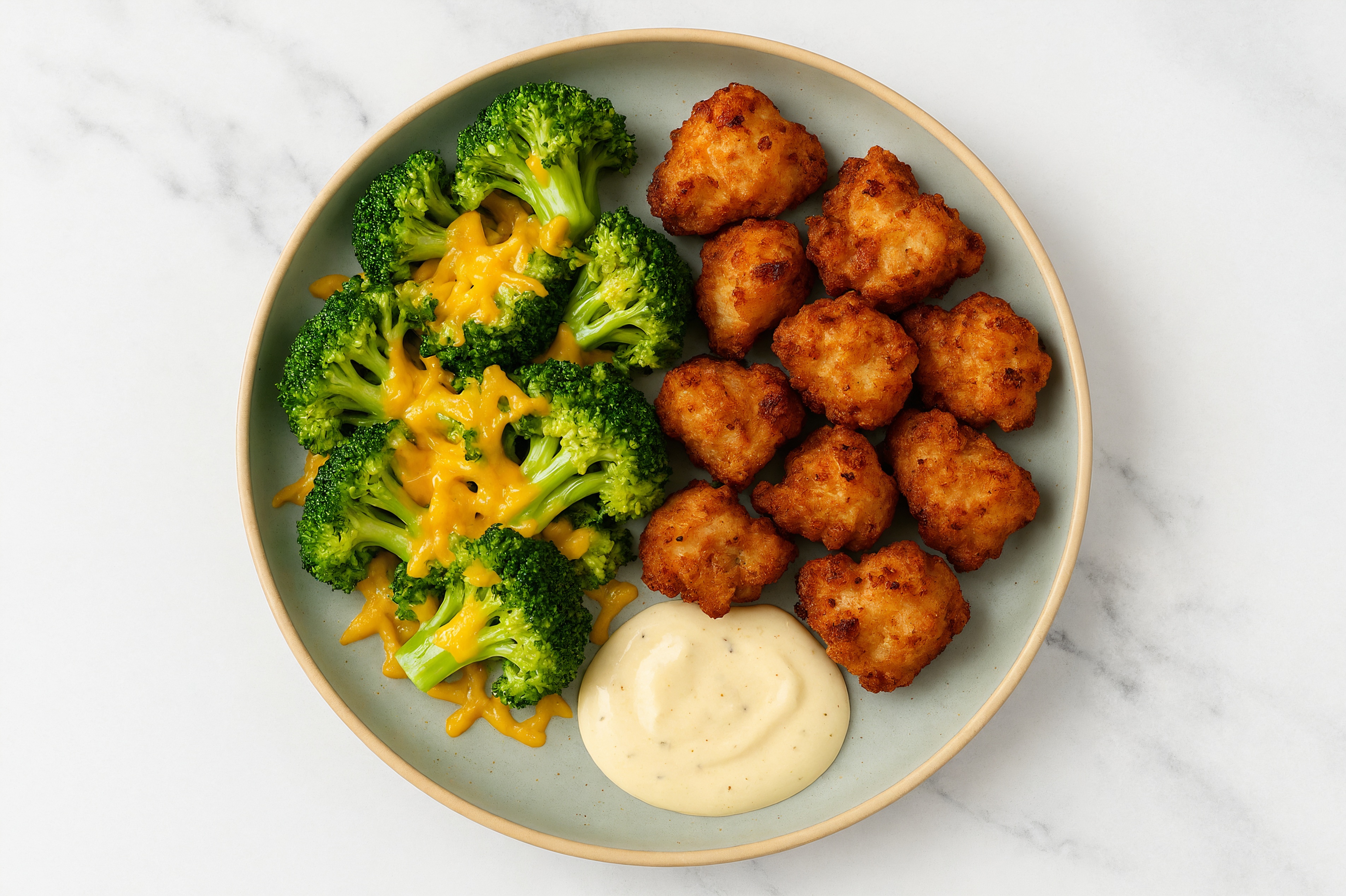 Chicken Nuggets + Cheesy Organic Broccoli with Ranch with Shredded Sharp Cheddar Cheese