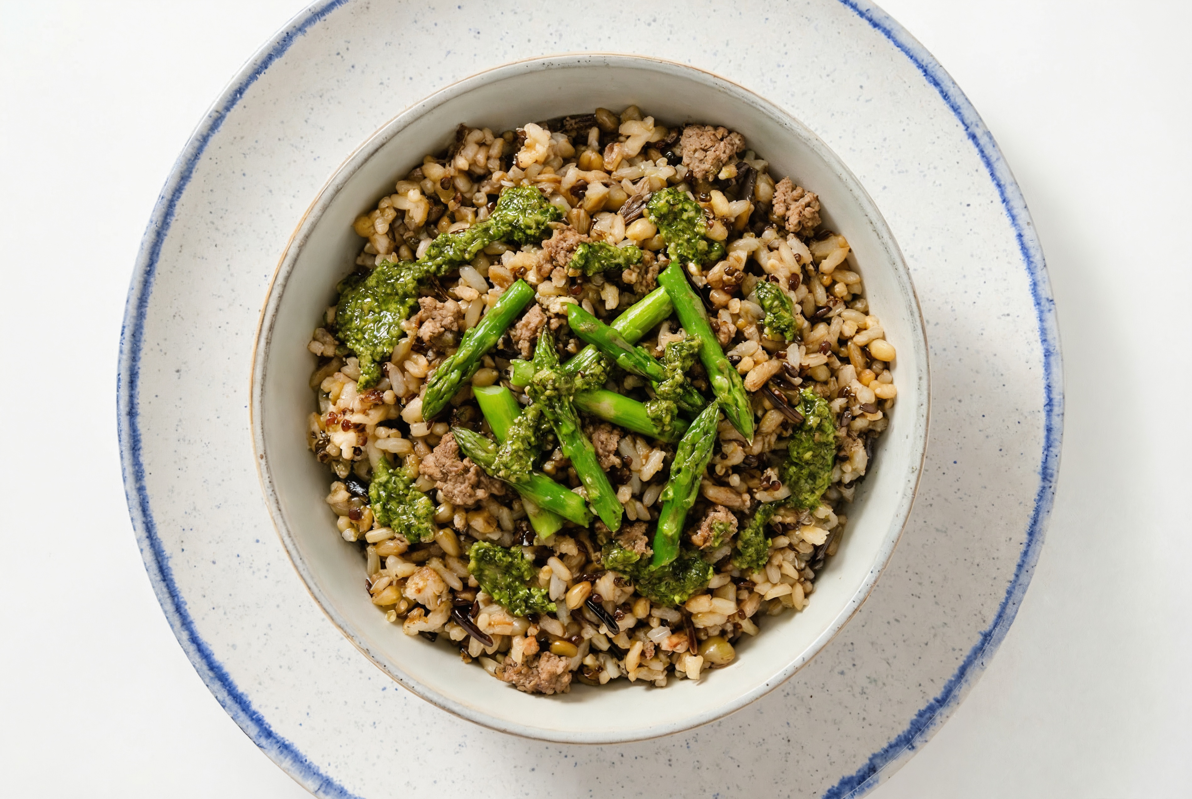 Ground Bison & Asparagus Seven Grain Blend Bowl with Kale Spinach Pesto
