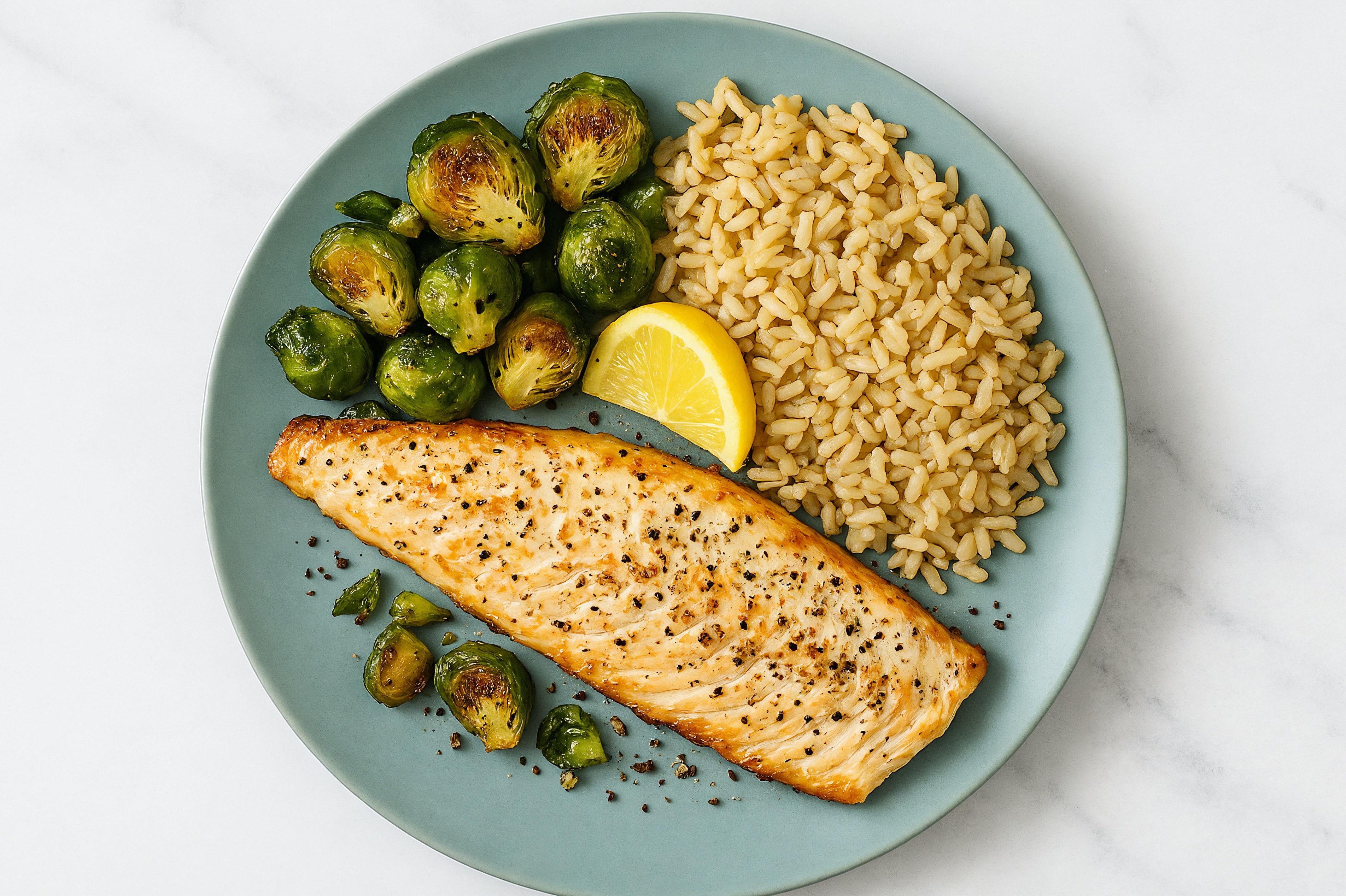 Herby Seared Trout + Brussels with Brown Rice