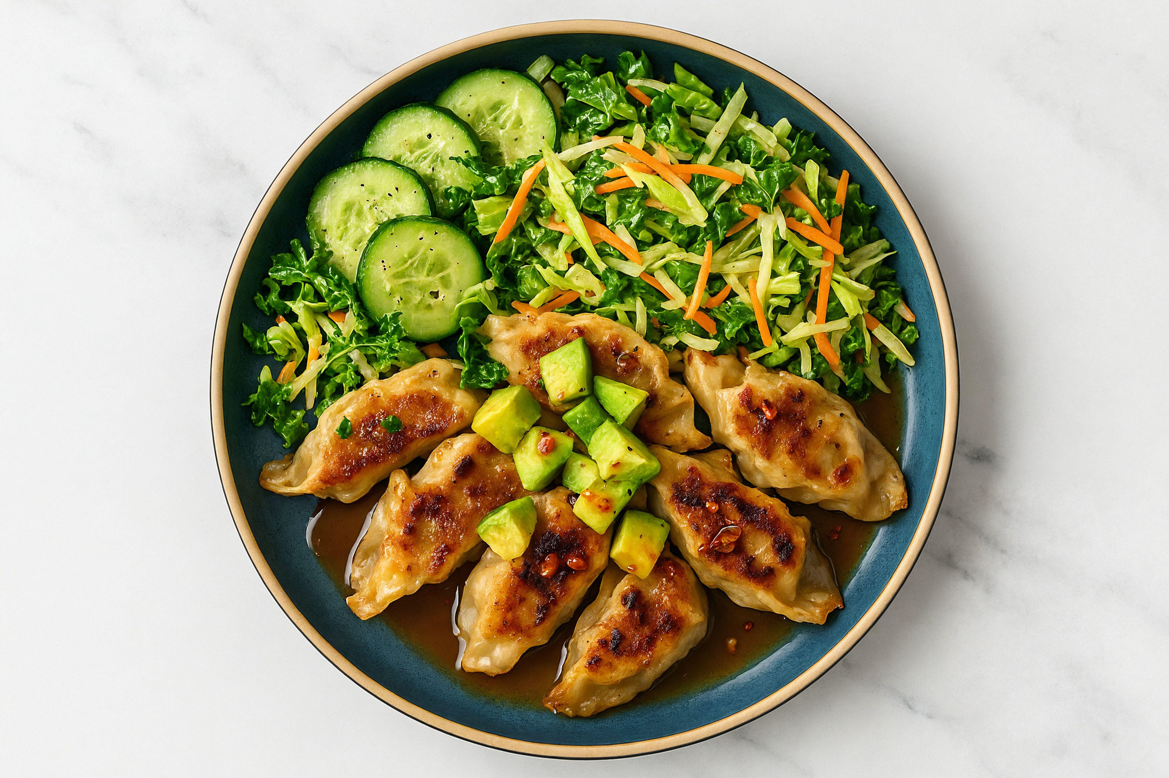 Fried Vegetable Gyoza Dumplings + Chili Sesame Veggie Slaw