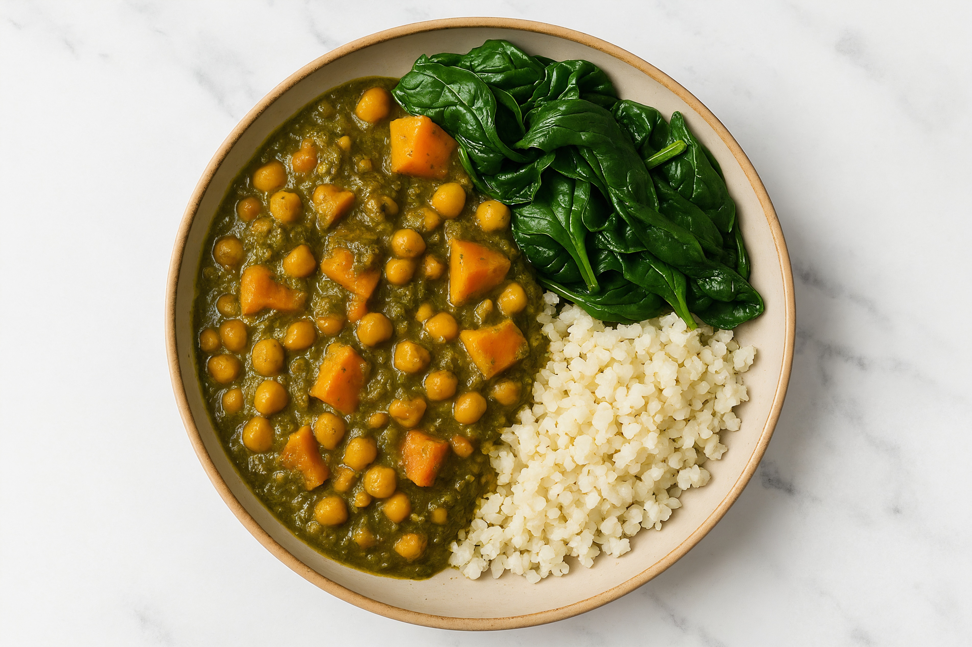 Sweet Potato Chickpea Saag with Organic Spinach + Cauliflower Rice