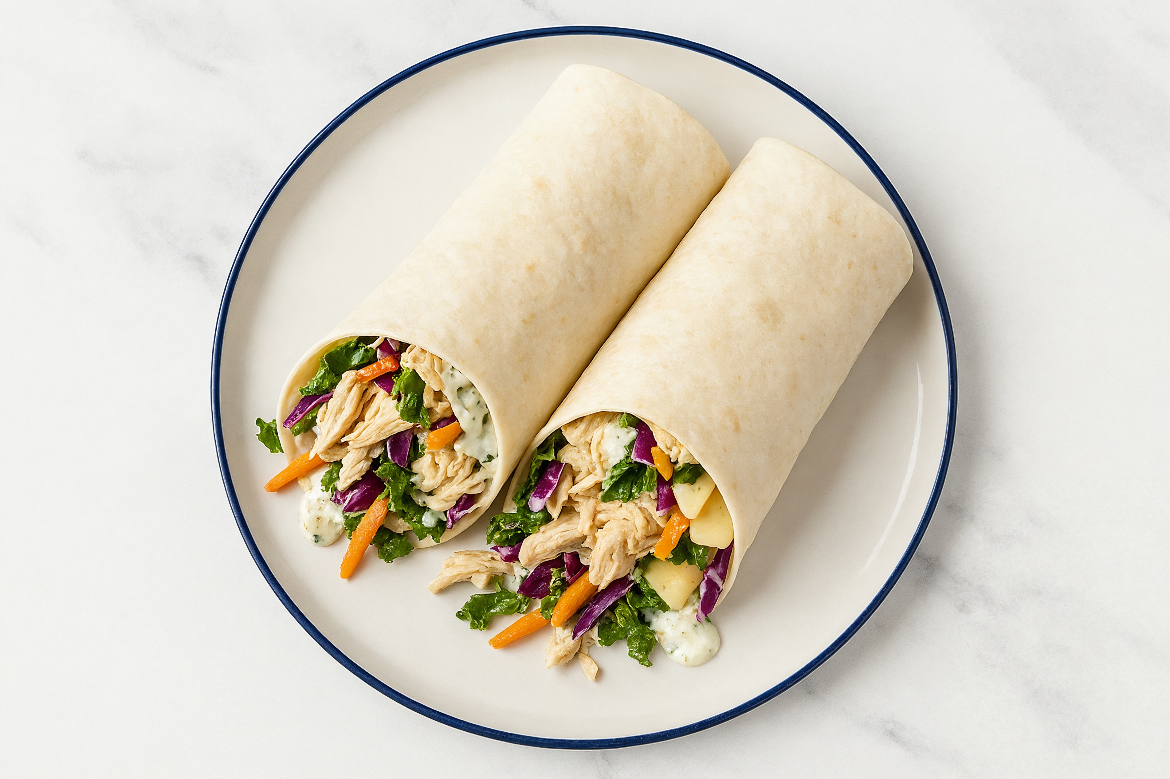Creamy Pulled Chicken + Havarti Wraps with Rainbow Veggies