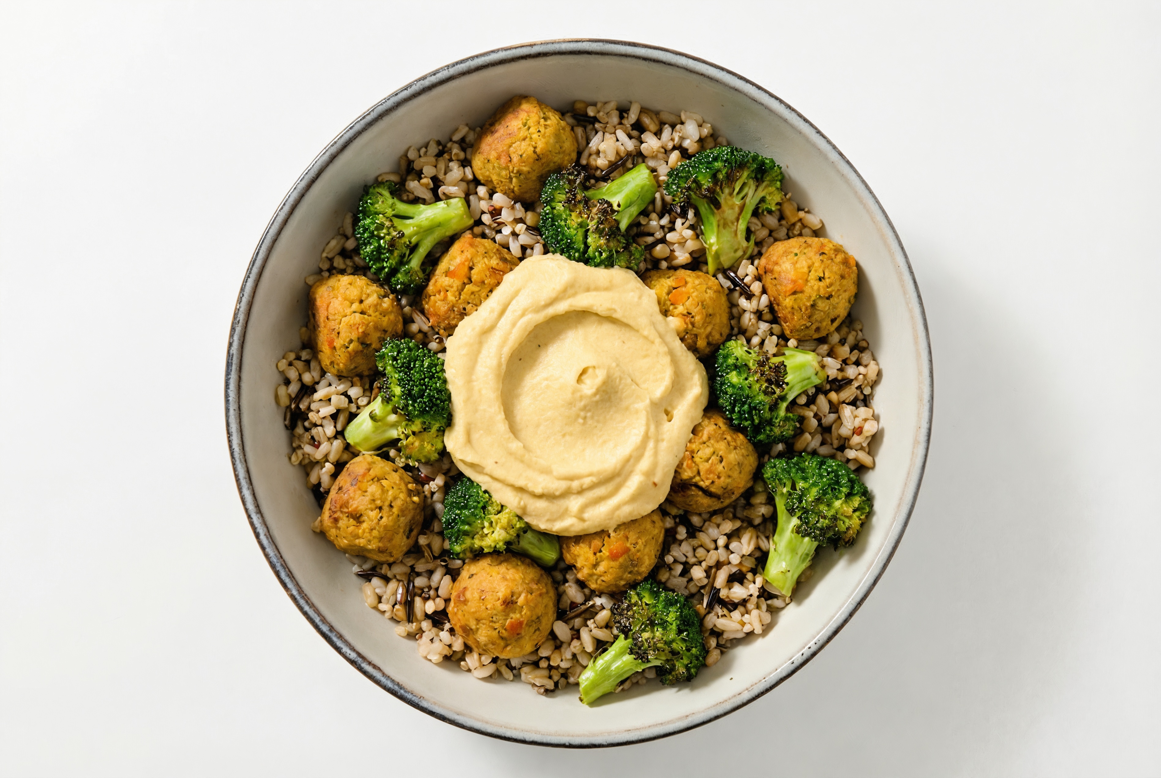 Eggplant Veggie Ball + French Onion Hummus Grain Bowl
