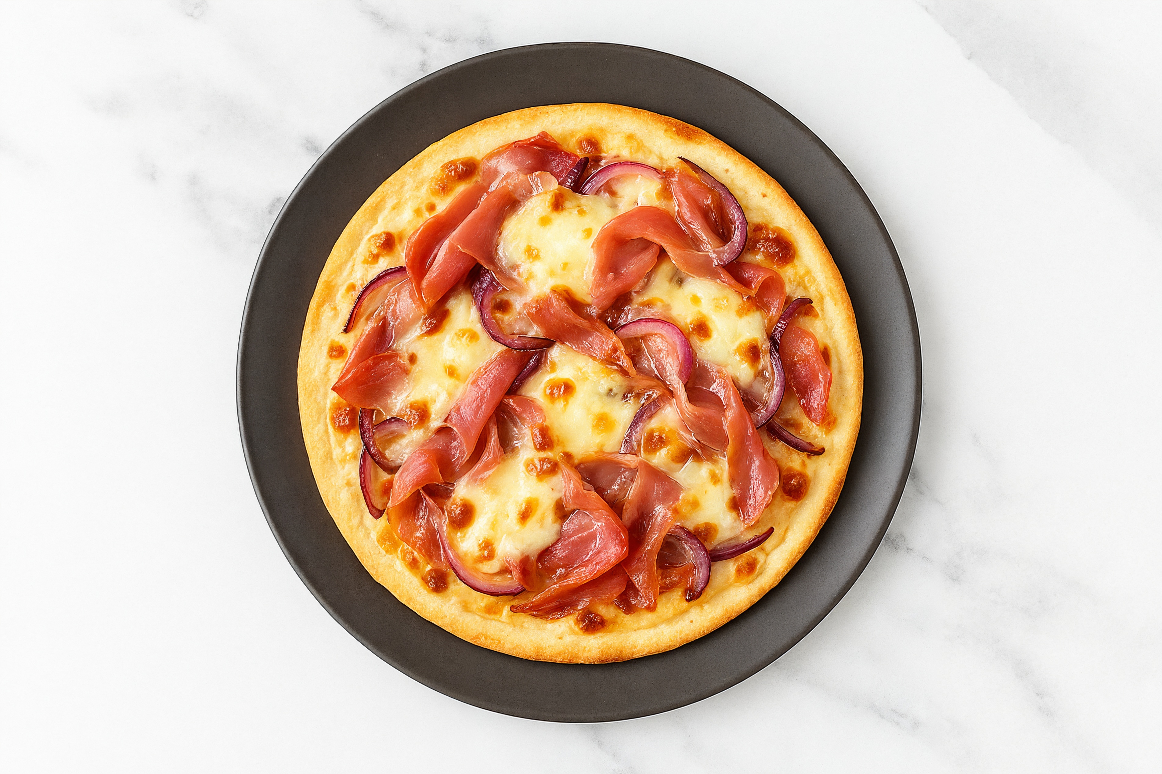 Savory Prosciutto + Carmelized Onion Flatbread with Shredded Mozzarella Cheese