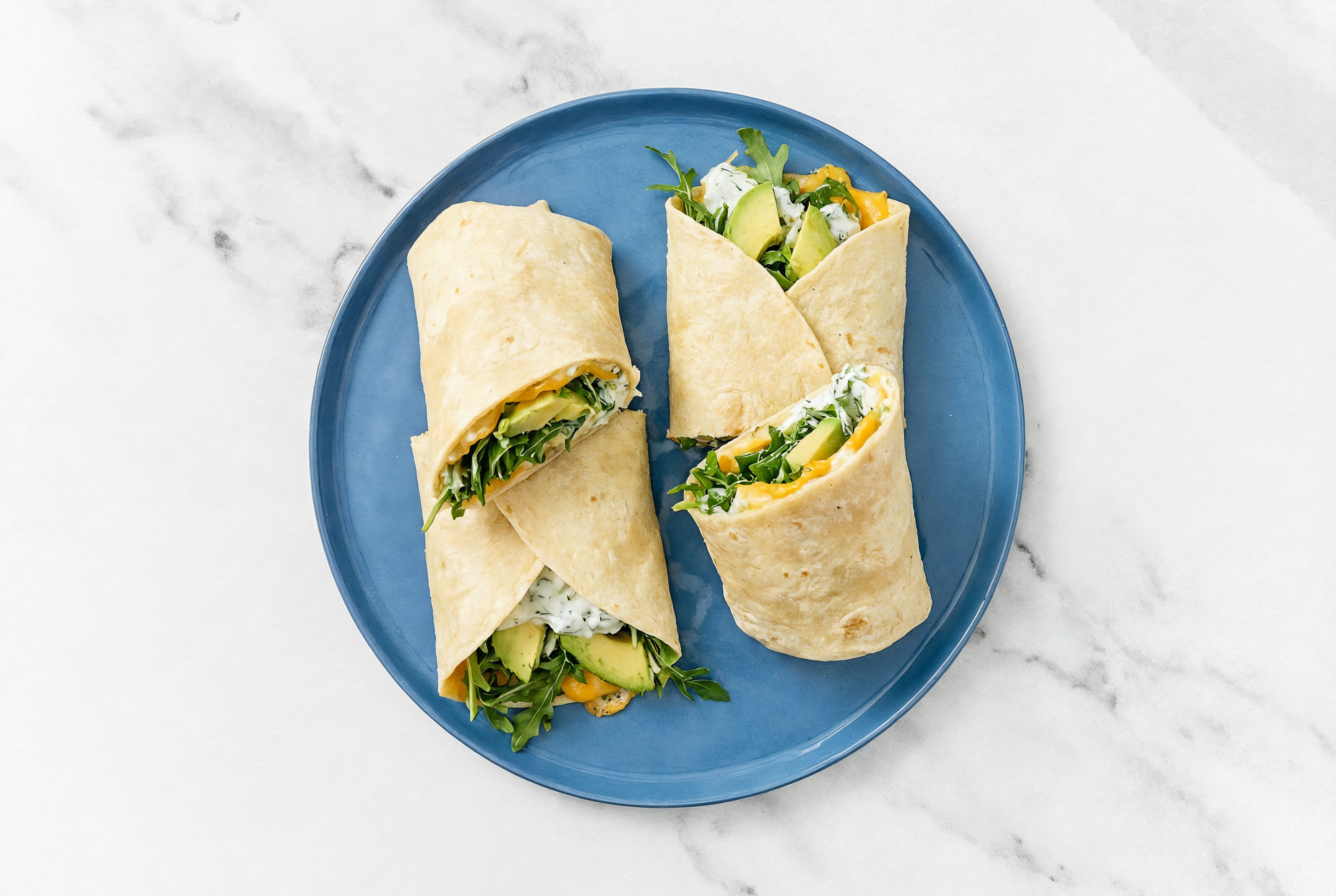 Tzatziki Avocado + Cheddar Tortilla Wraps with Arugula