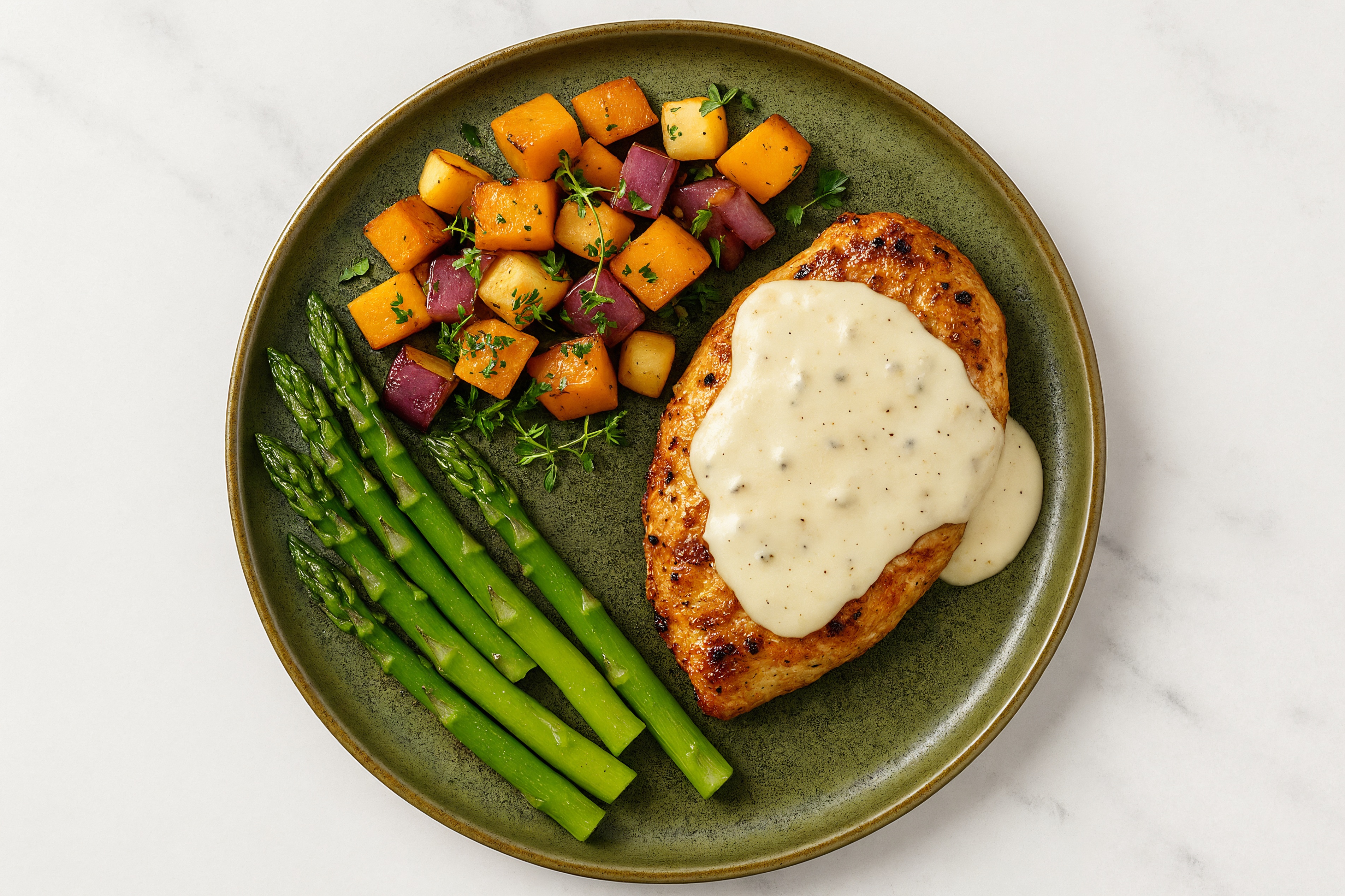 Creamy Parmesan Smothered Chicken Breasts with Asparagus & Roasted Vegetables