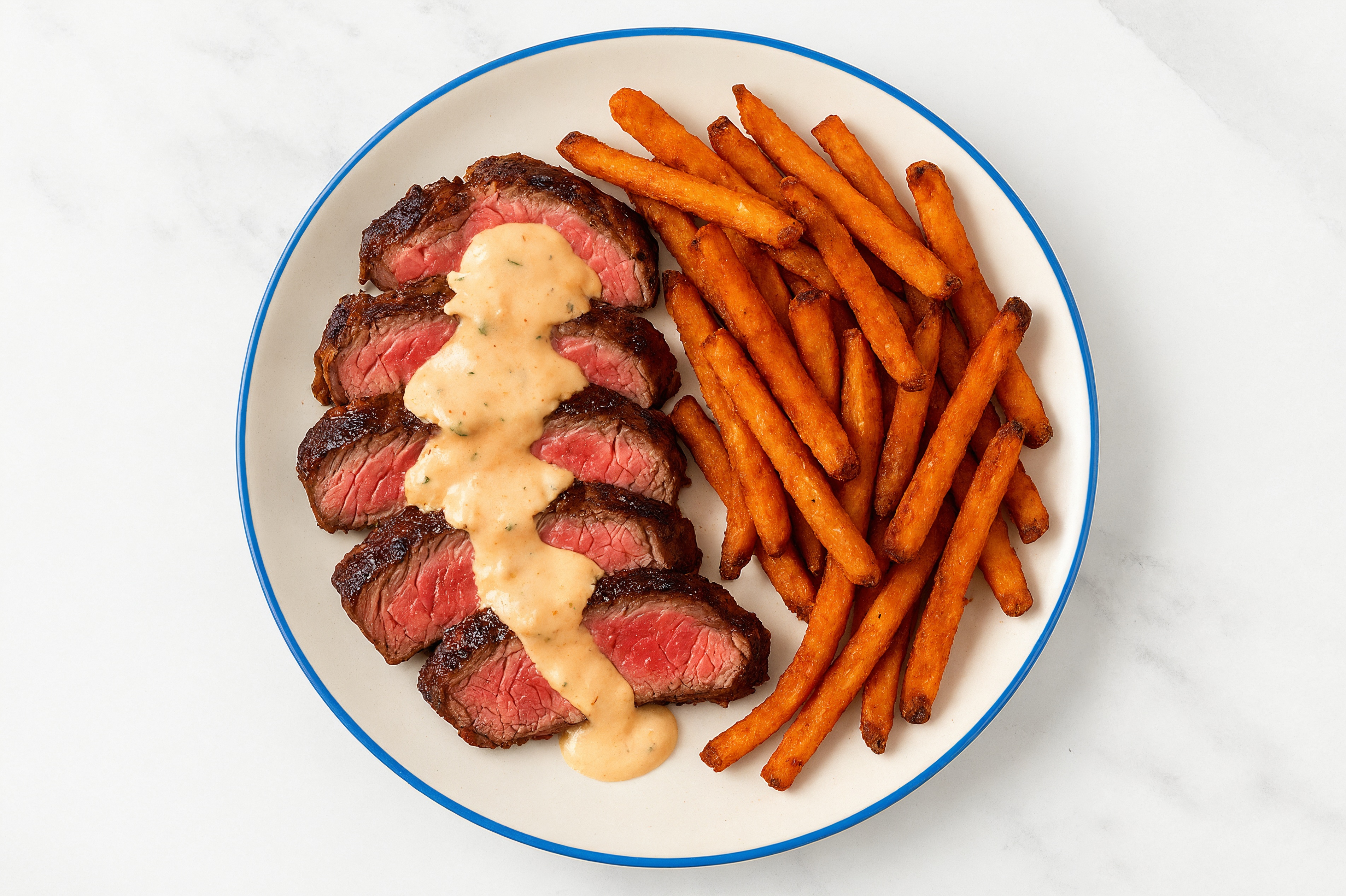 Wagyu Ribeye Steak with Awesome Sauce + Sweet Potato Fries