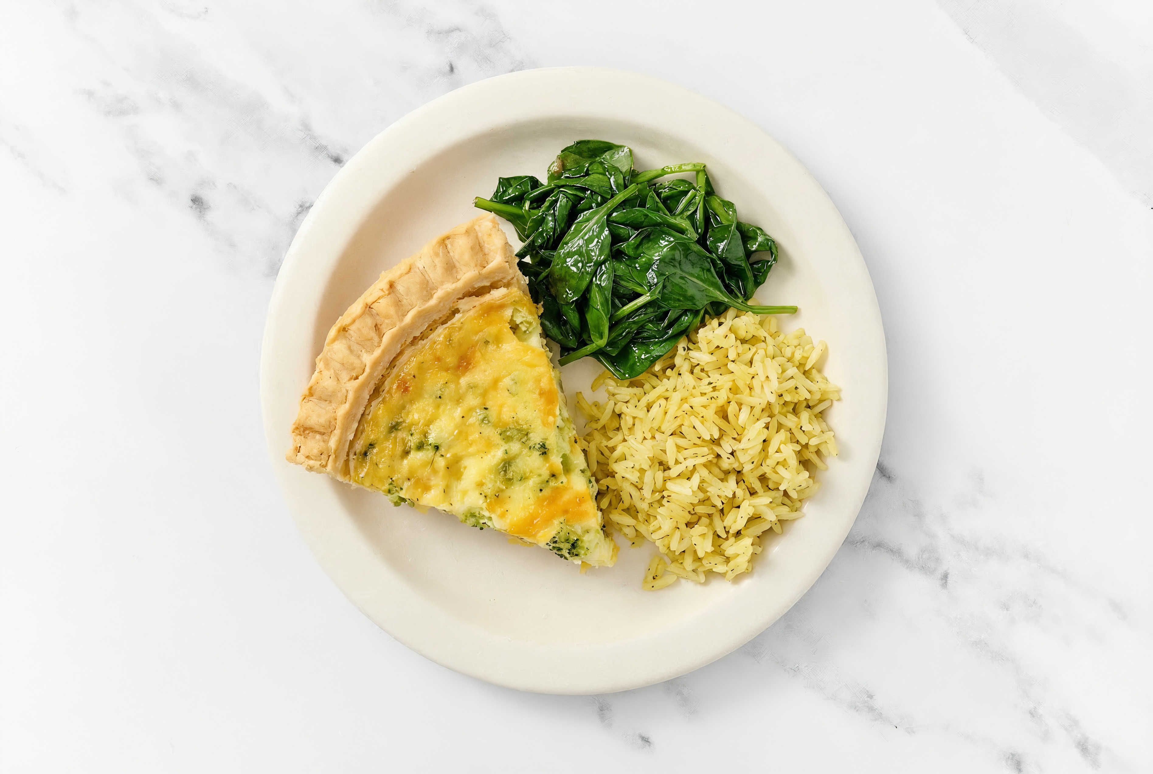 Broccoli & Cheddar Quiche with Baby Spinach & Jasmine Rice