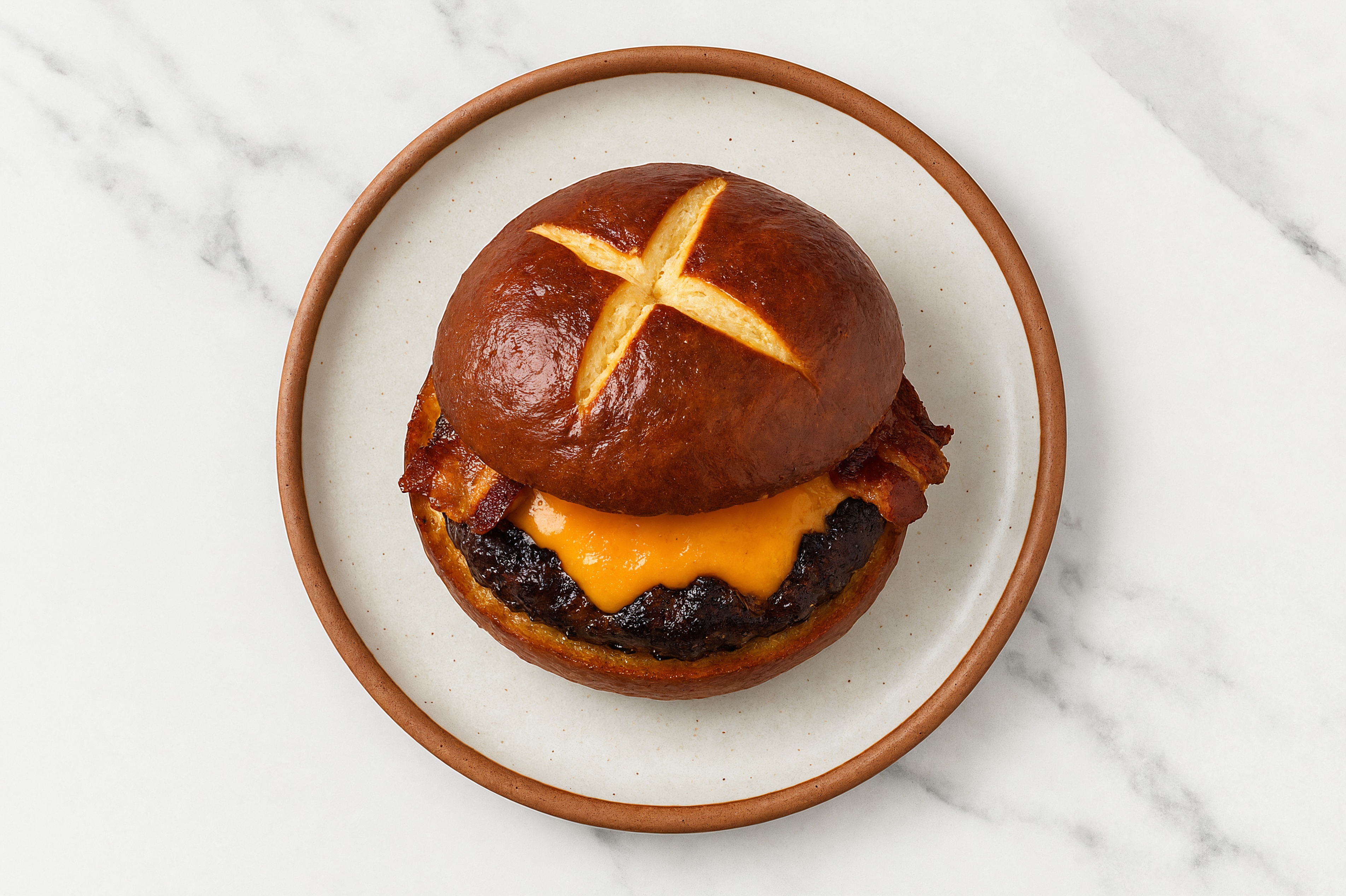 Juicy MyBacon Cheeseburger on Pretzel Bun with Wagyu Beef Patties