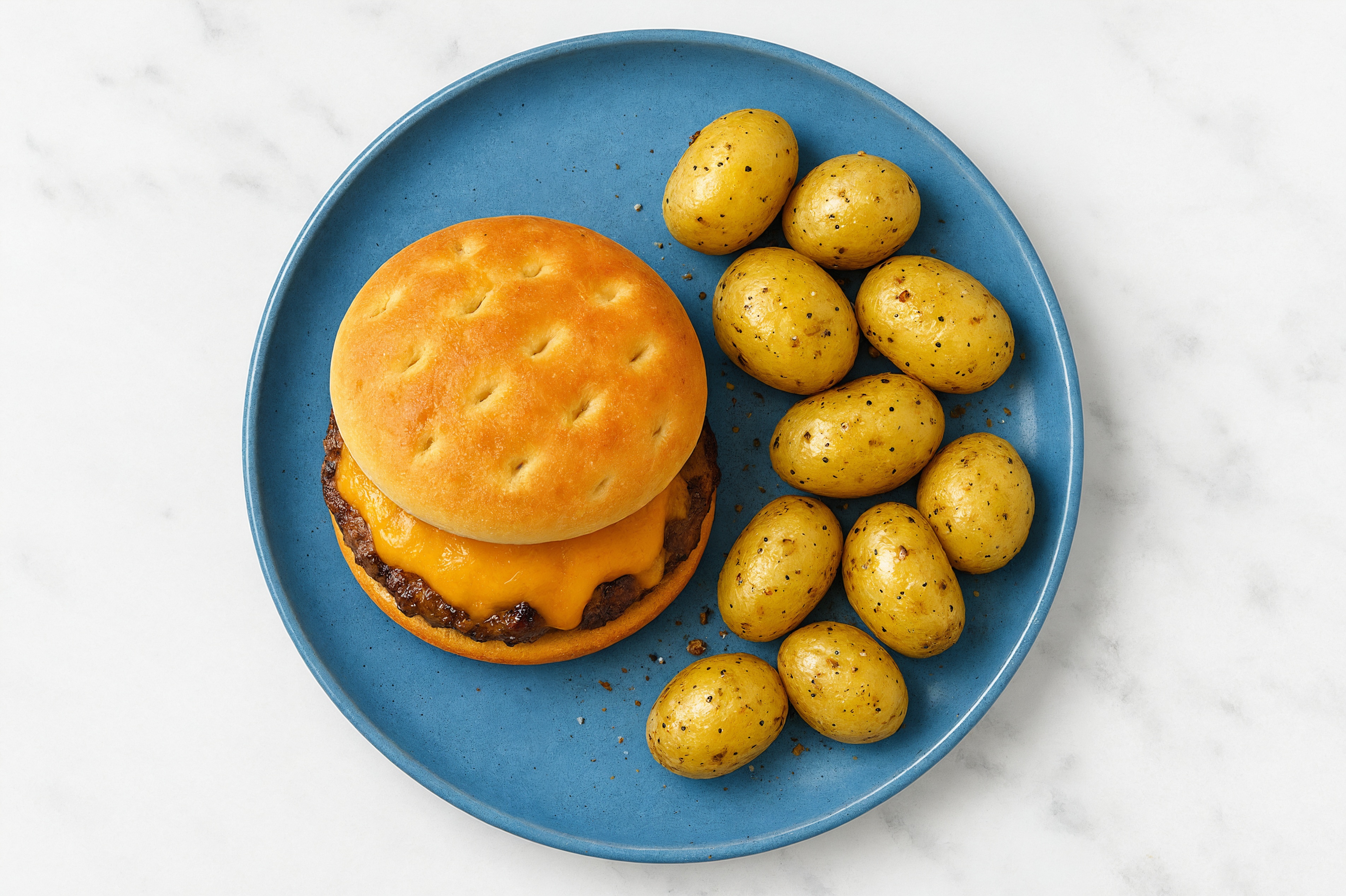 Cheesy Wagyu Beef Burger + Yellow Potatoes with Shredded Sharp Cheddar Cheese