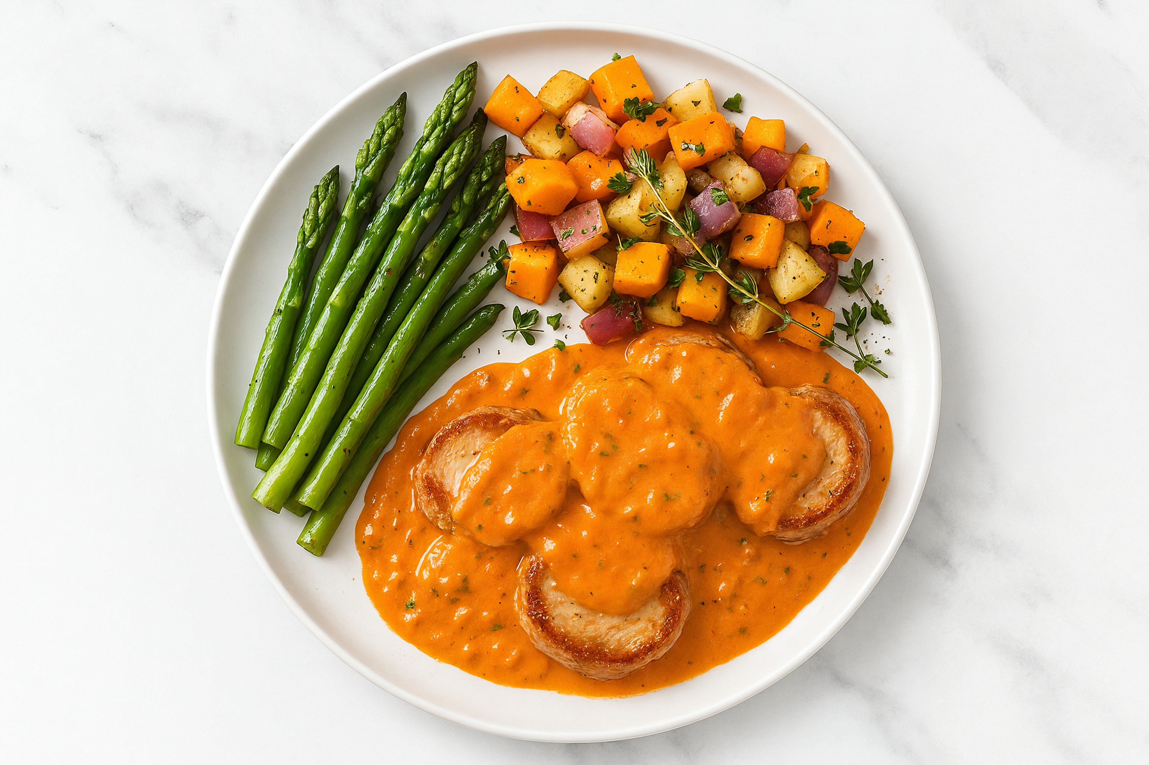Creamy Vodka Smothered Pork Tenderloin with Asparagus & Roasted Vegetables