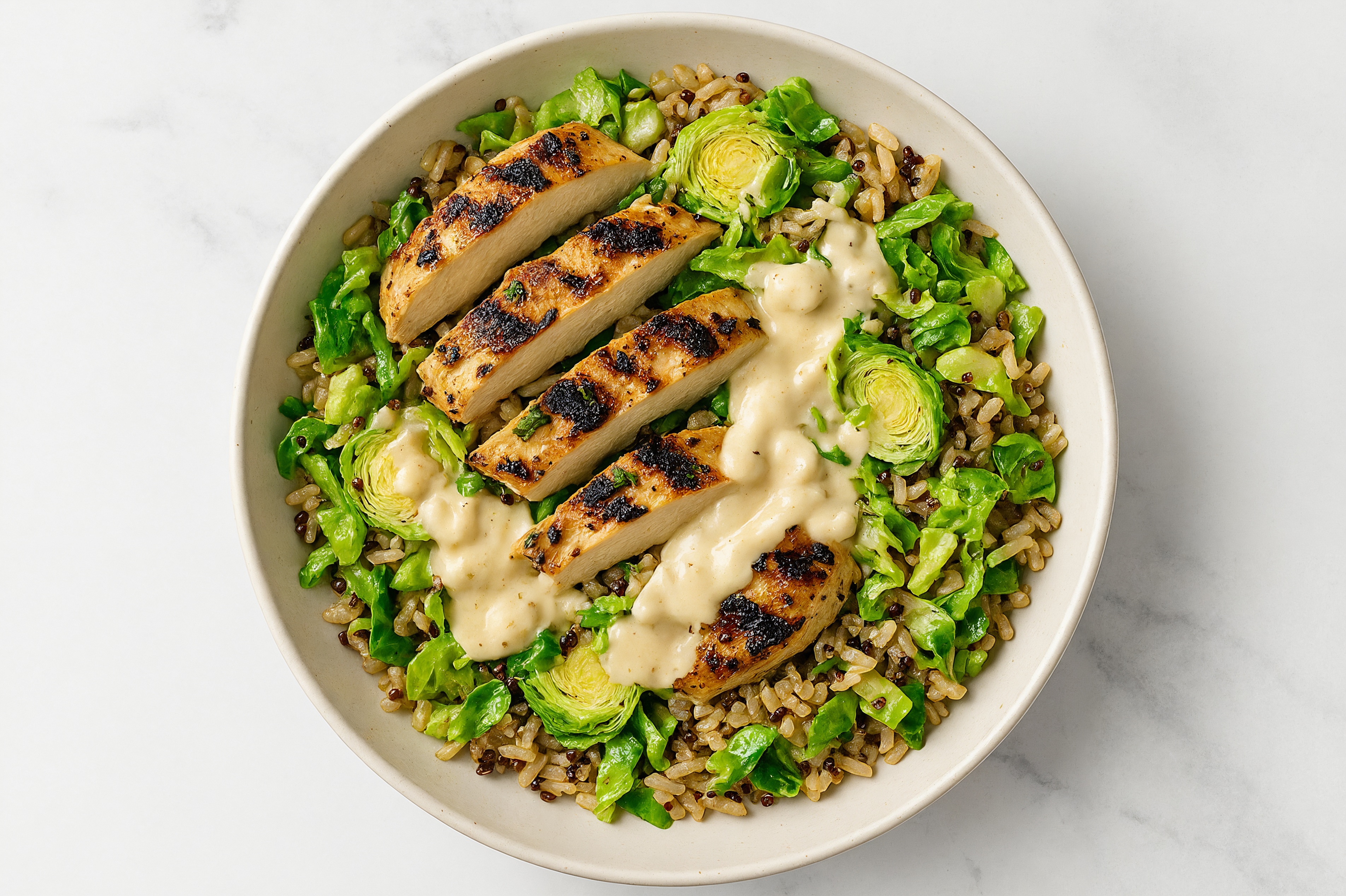 Creamy Garlic Mediterranean Grilled Chicken Breast + Crispy Brussels Bowl