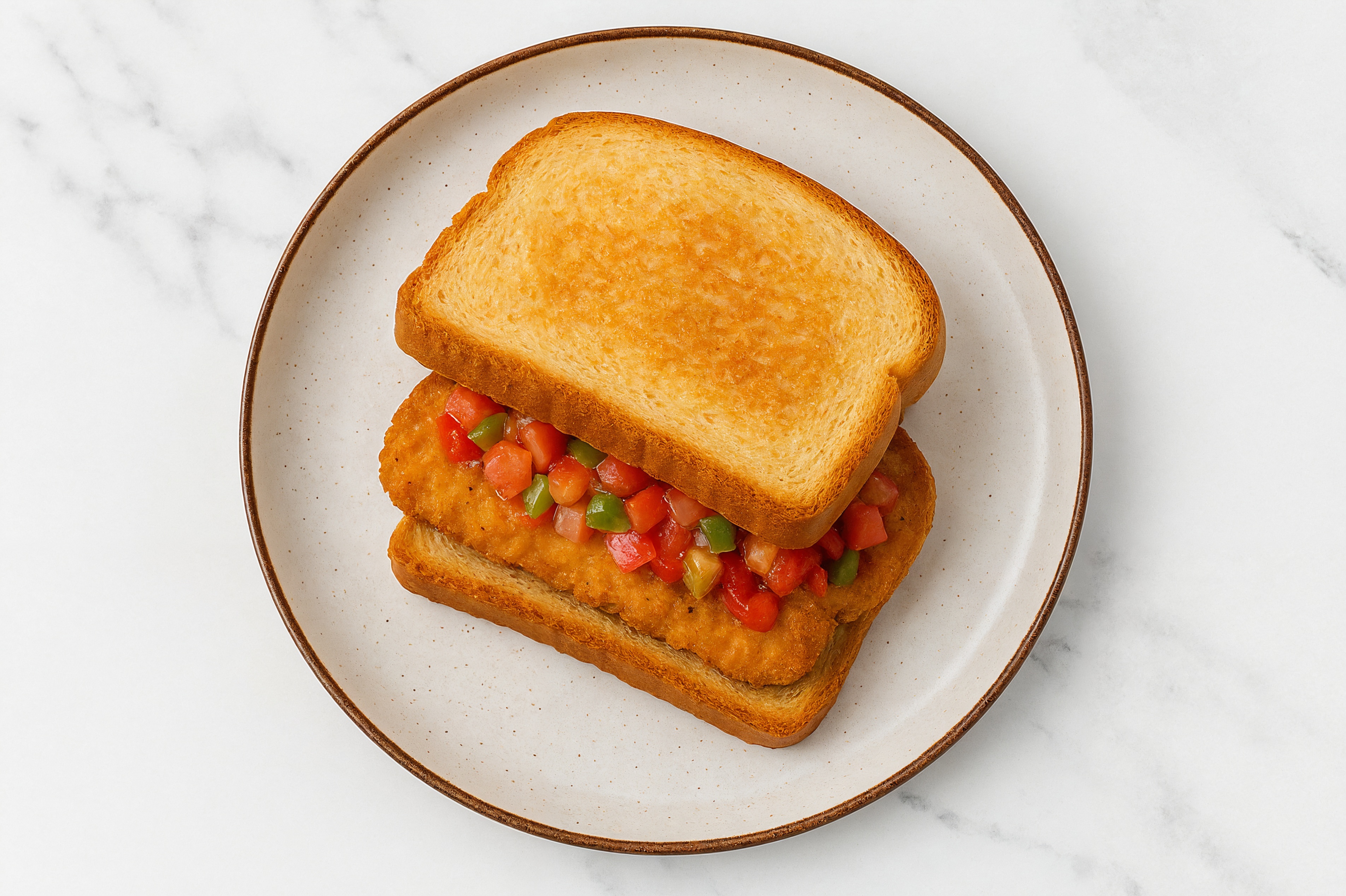Mexican "Chicken" Tenders Sandwich with Roasted Peppers on Honey White Bread