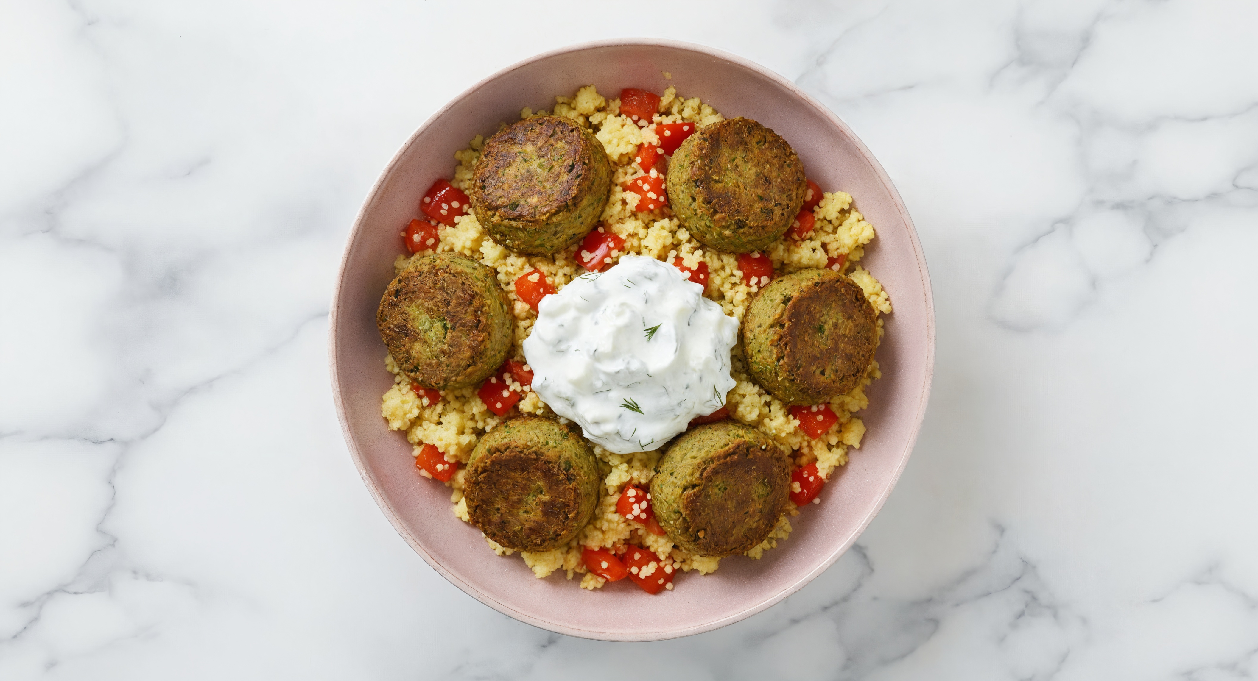 Falafel Couscous Grain Bowl with Red Bell Pepper