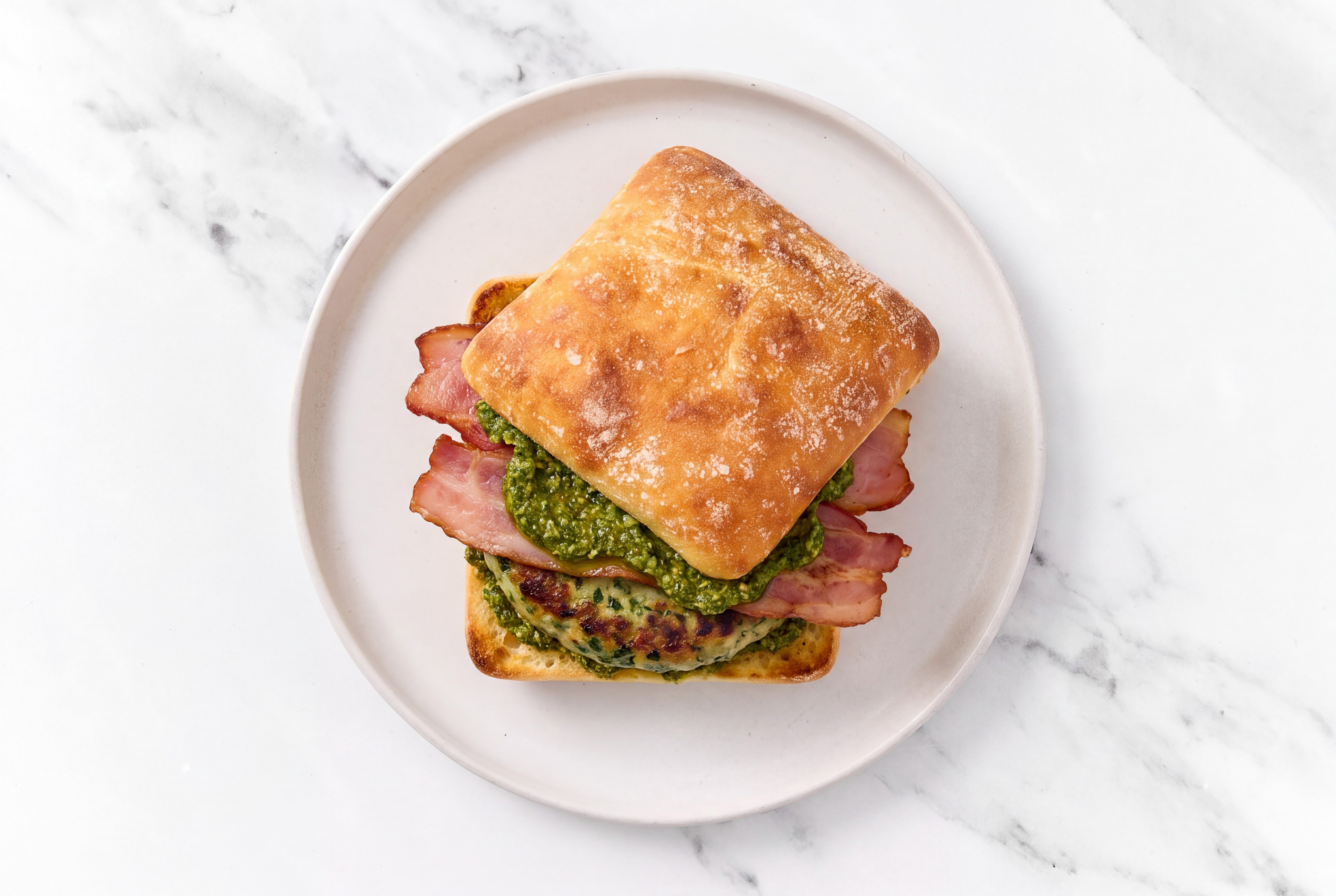 Garlic Turkey Burger on Ciabatta with Spinach Pesto & Turkey Bacon