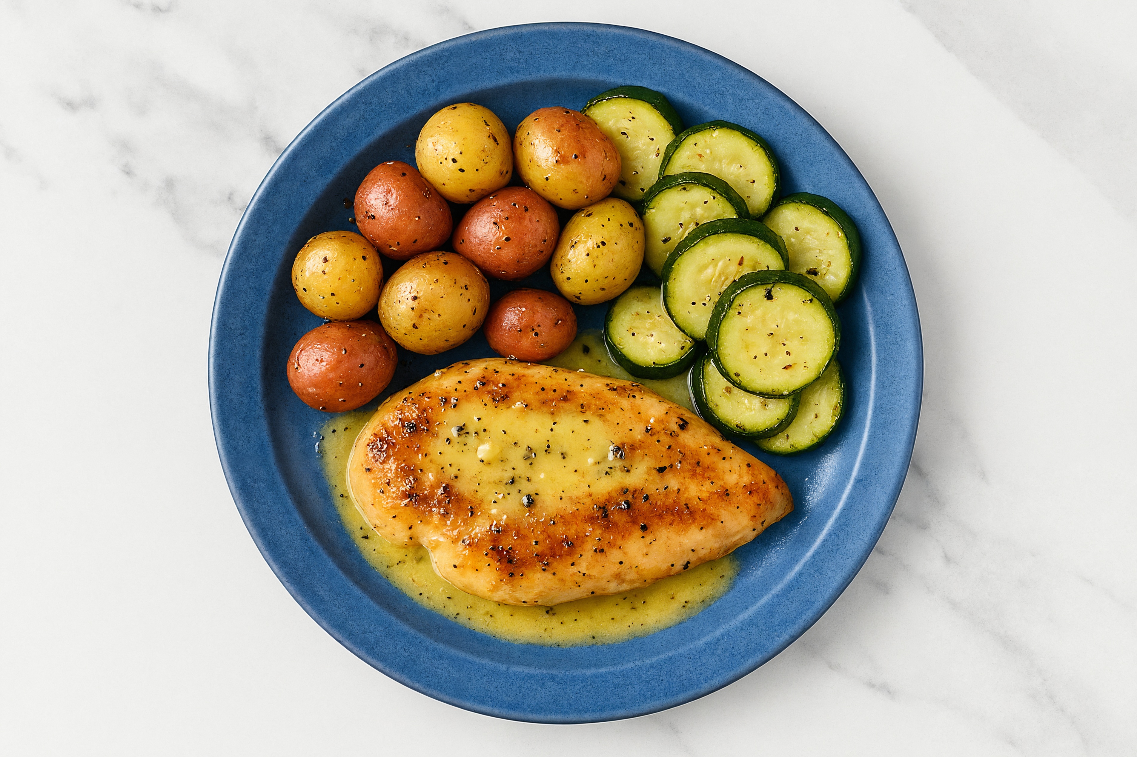 Lemon-Slow Churned & Peppercorn Pasture Butter Chicken Breast with Creamer Potatoes & Zucchini