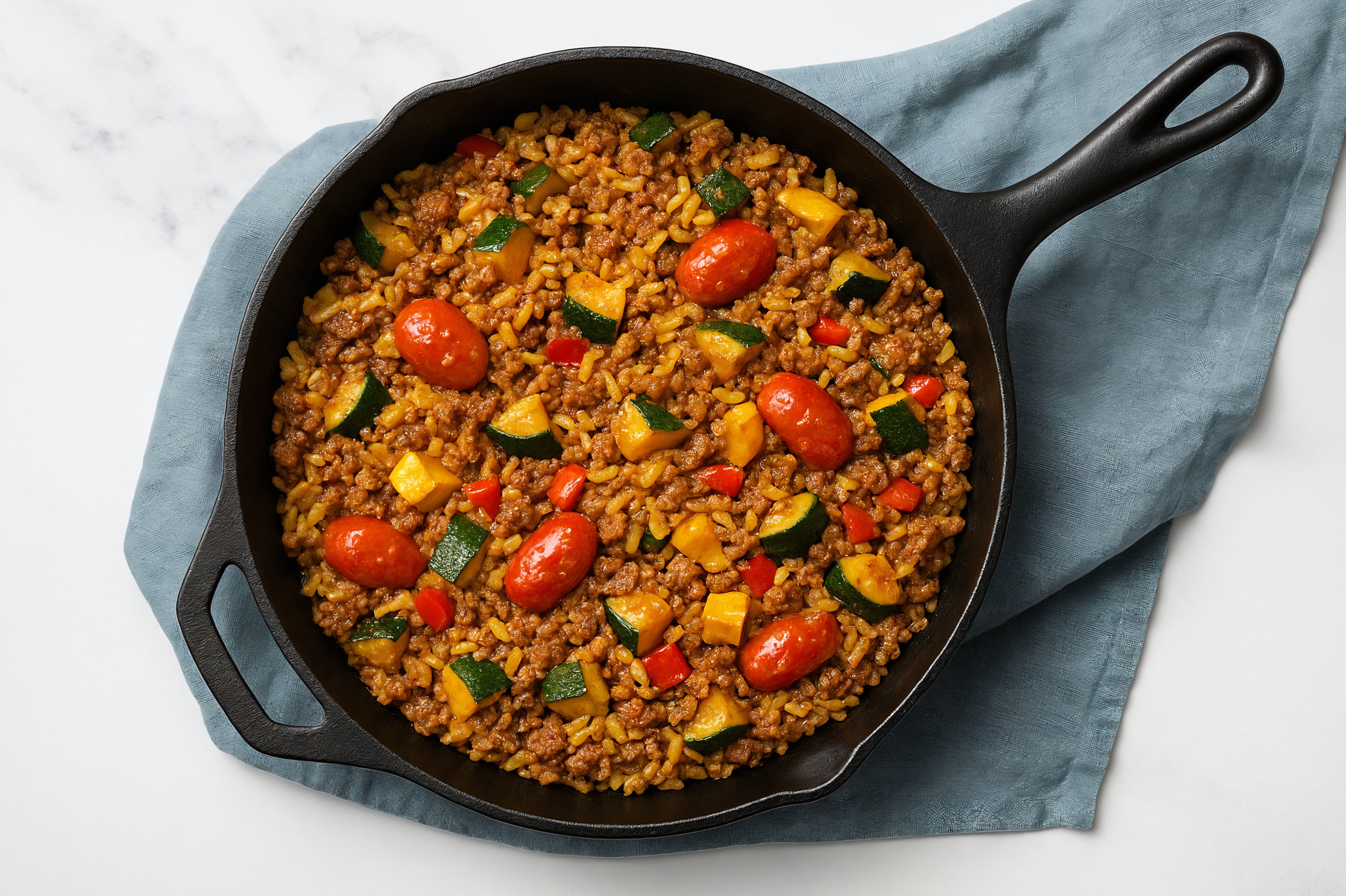 Thai Peanut Squash + Ground Bison Stir-Fry with Seasoned Jasmine Rice