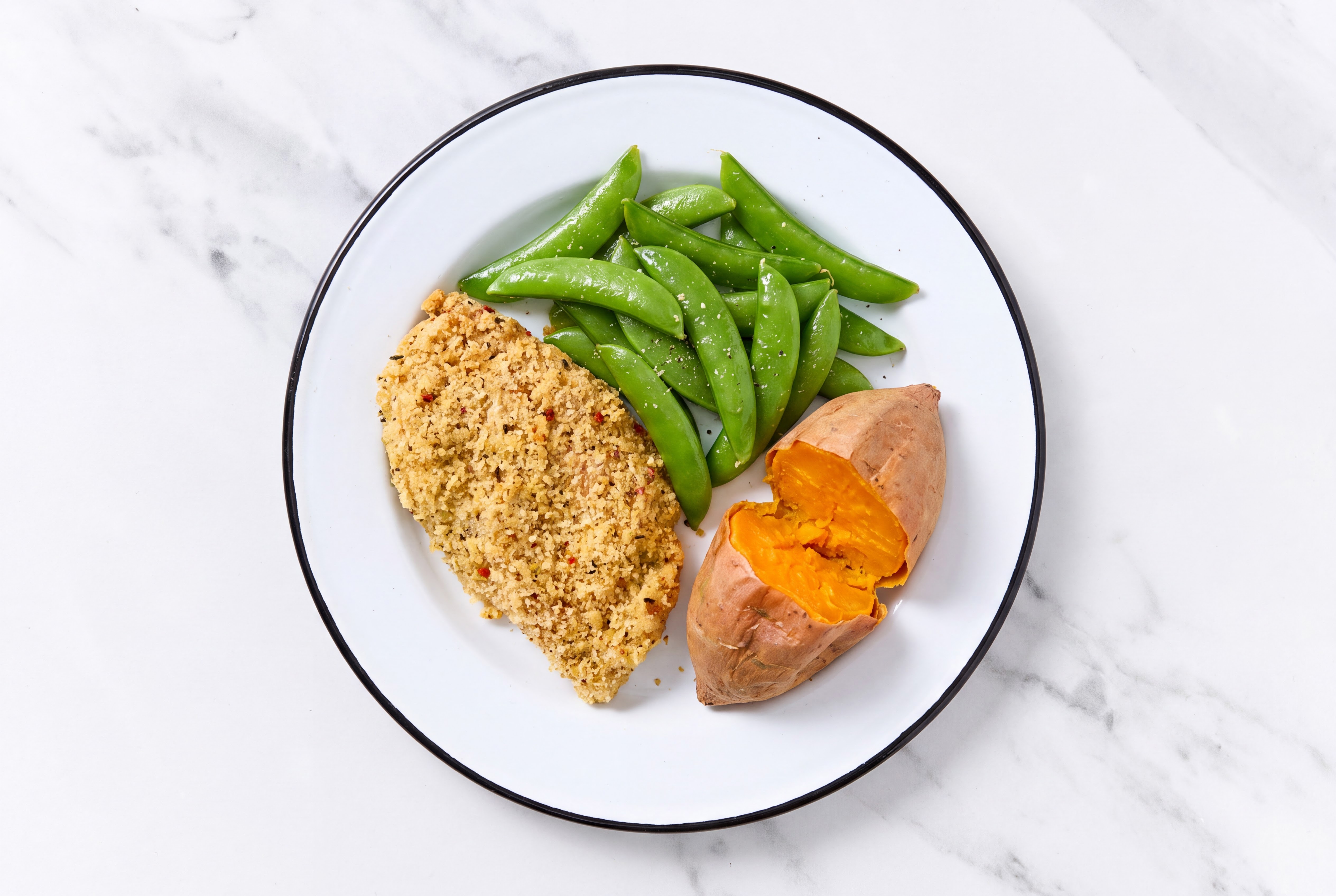 Parmesan Breaded Chicken Cutlet with Snap Peas & Sweet Potato