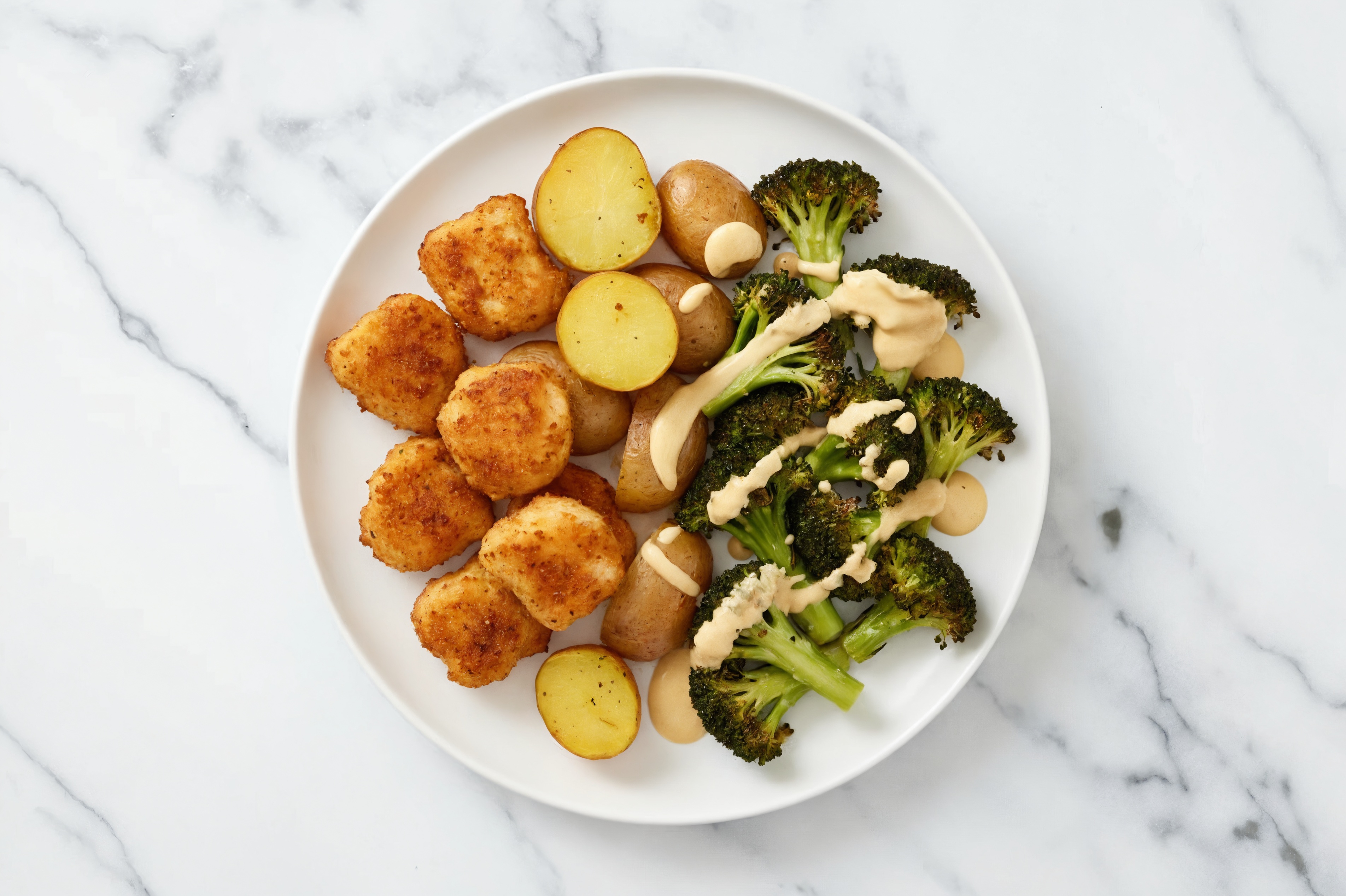 Crispy Nugget + Cozy Broccoli Fingerling Potato Bake with Hatch Cashew Queso with Breaded Chicken Nuggets