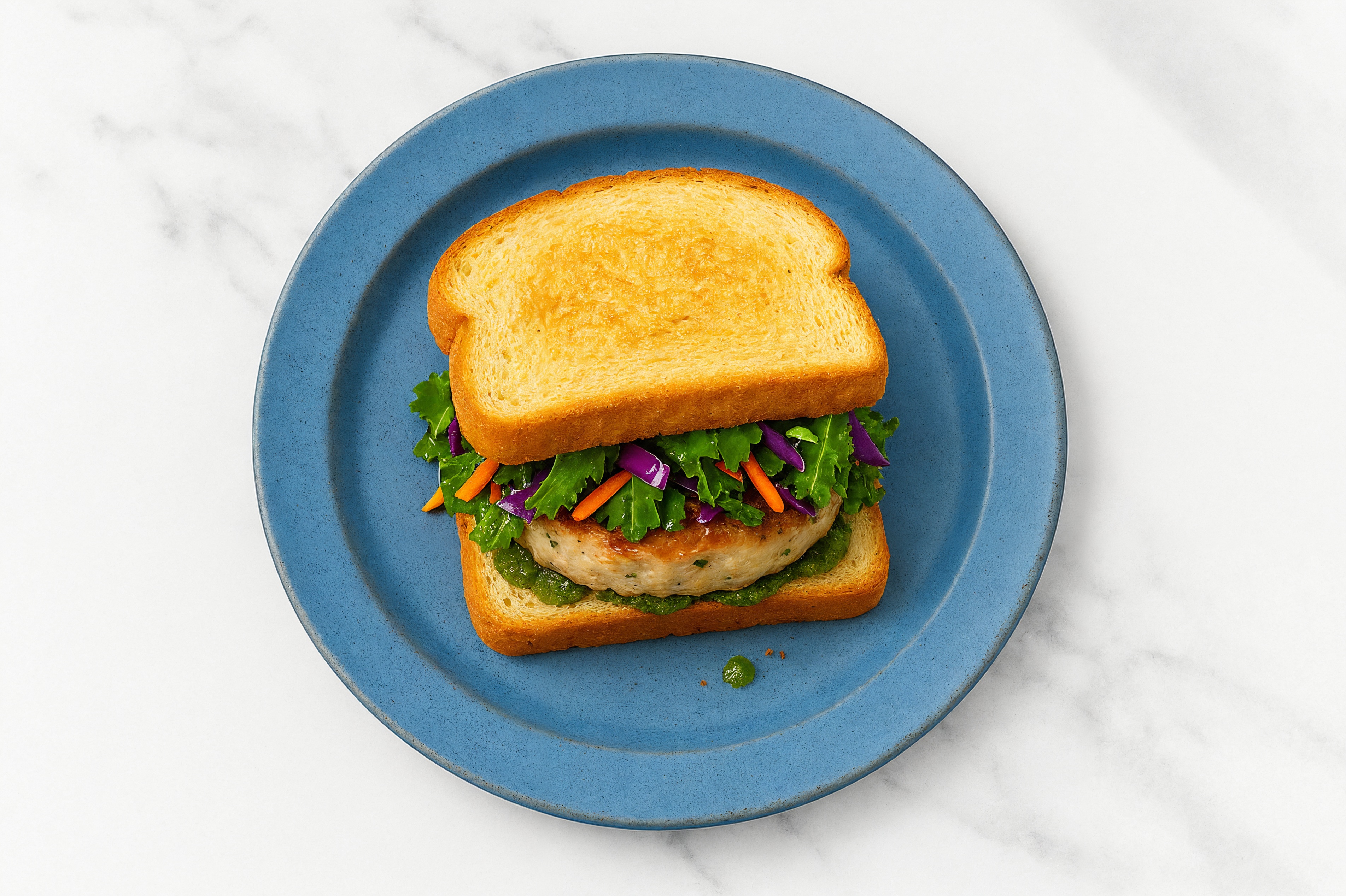 Rainbow Veggie Chicken Burger on GF Bread with Basil Pesto