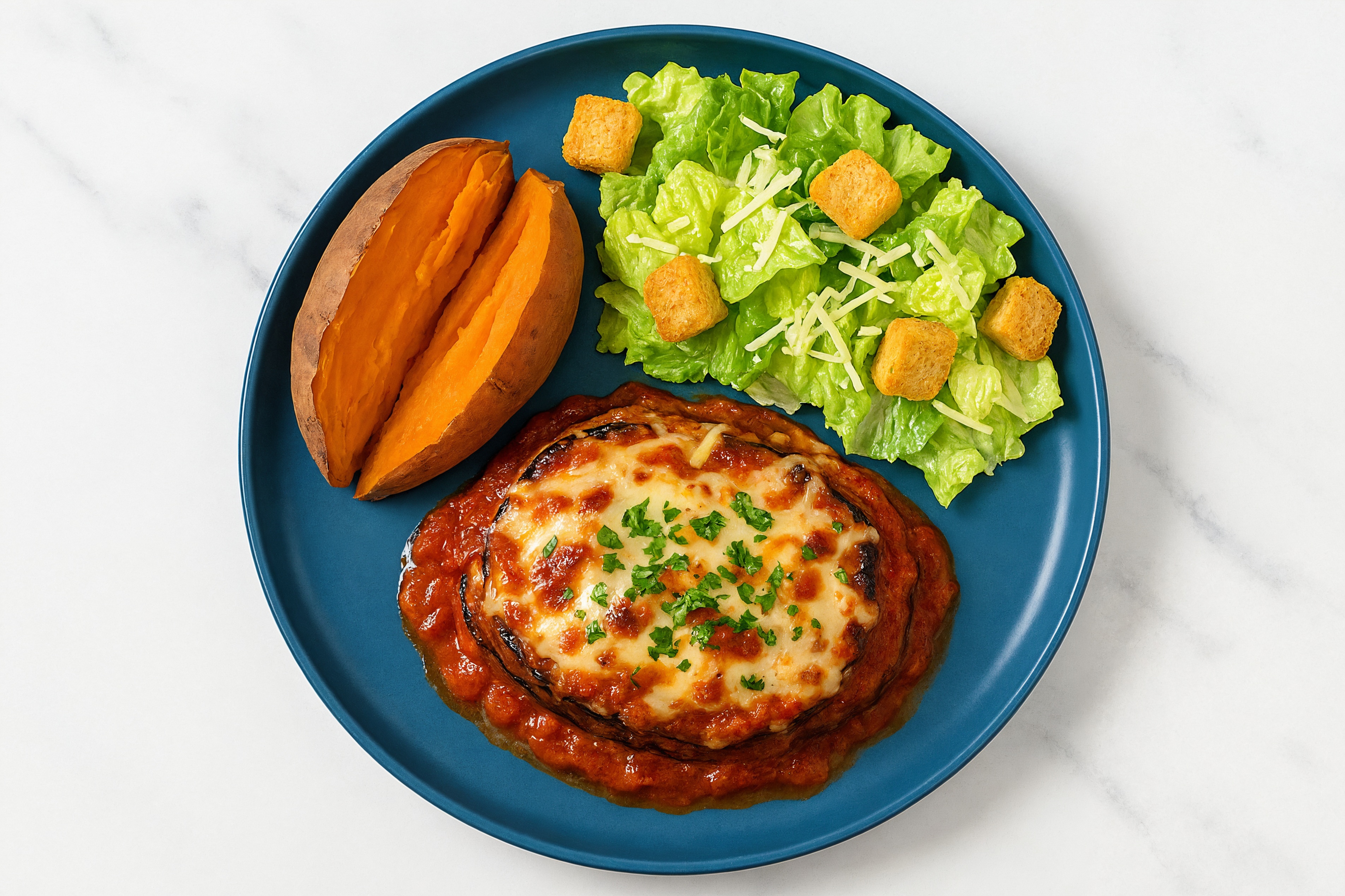 Eggplant Parmesan with Sweet Potato + Caesar Salad