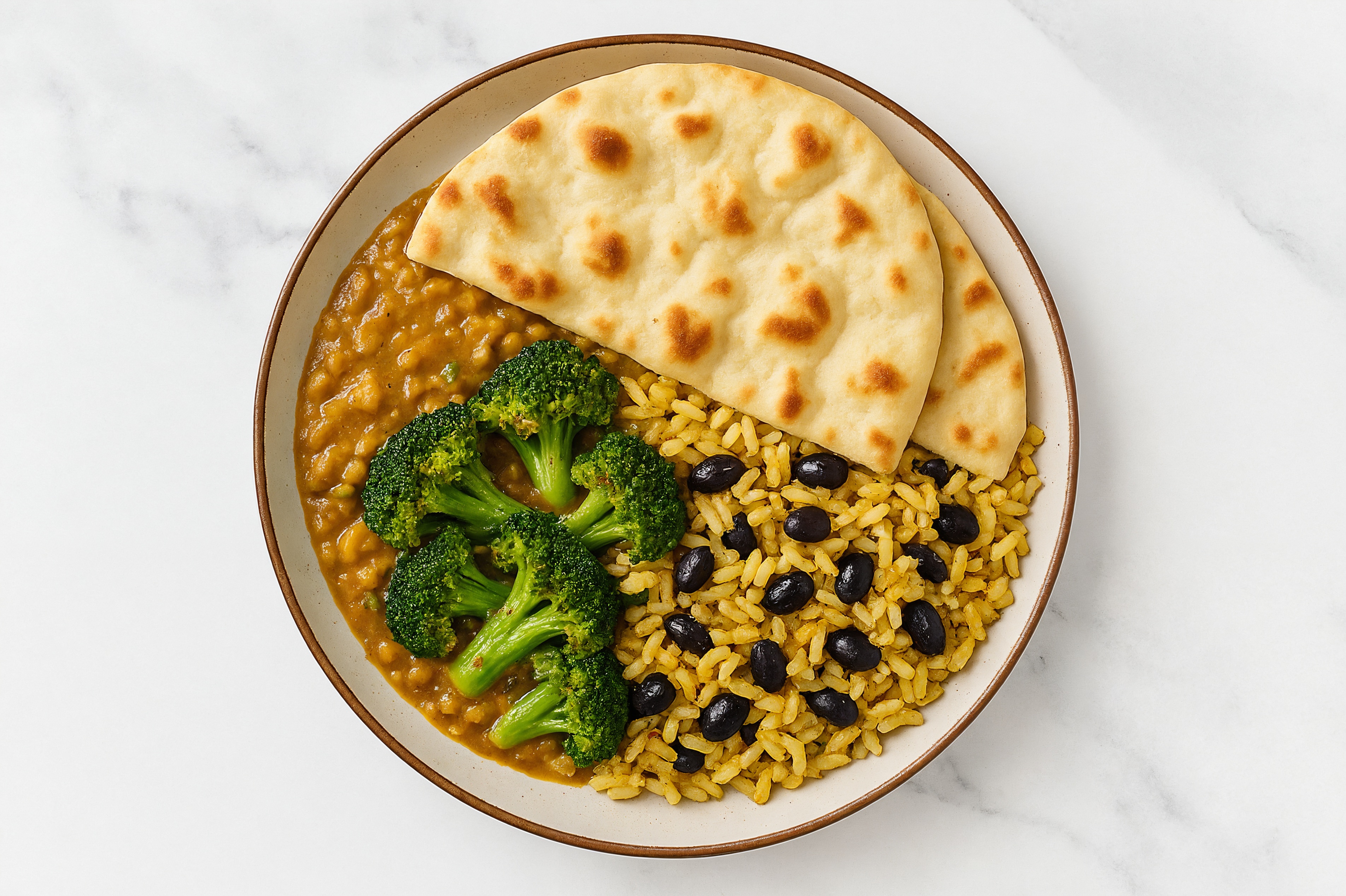 Broccoli + Yellow Lentil Dal Grain Bowl with Naan with Seasoned White Rice + Black Beans