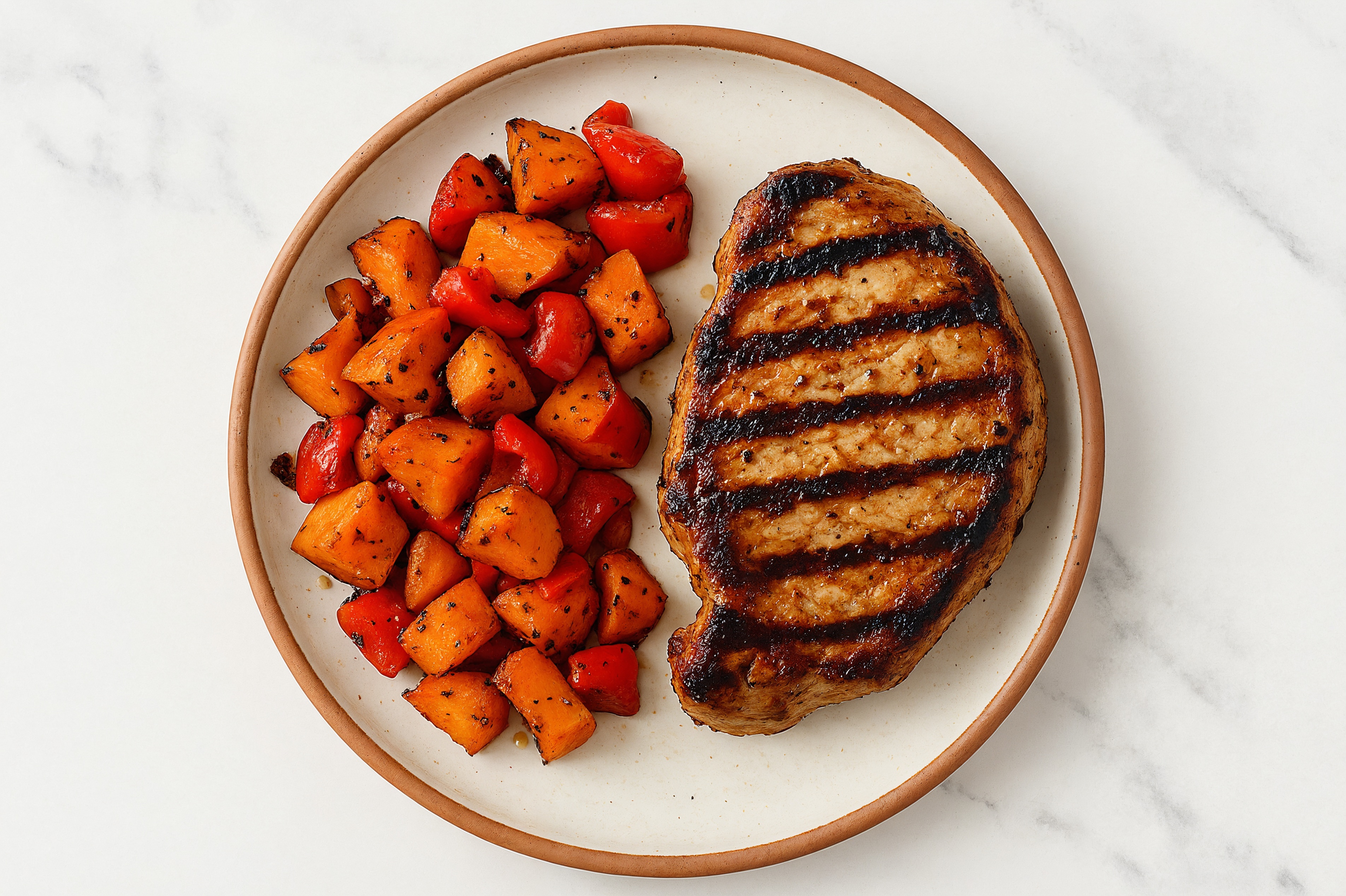 Grilled Pork Chops with Roasted Sweet Potatoes