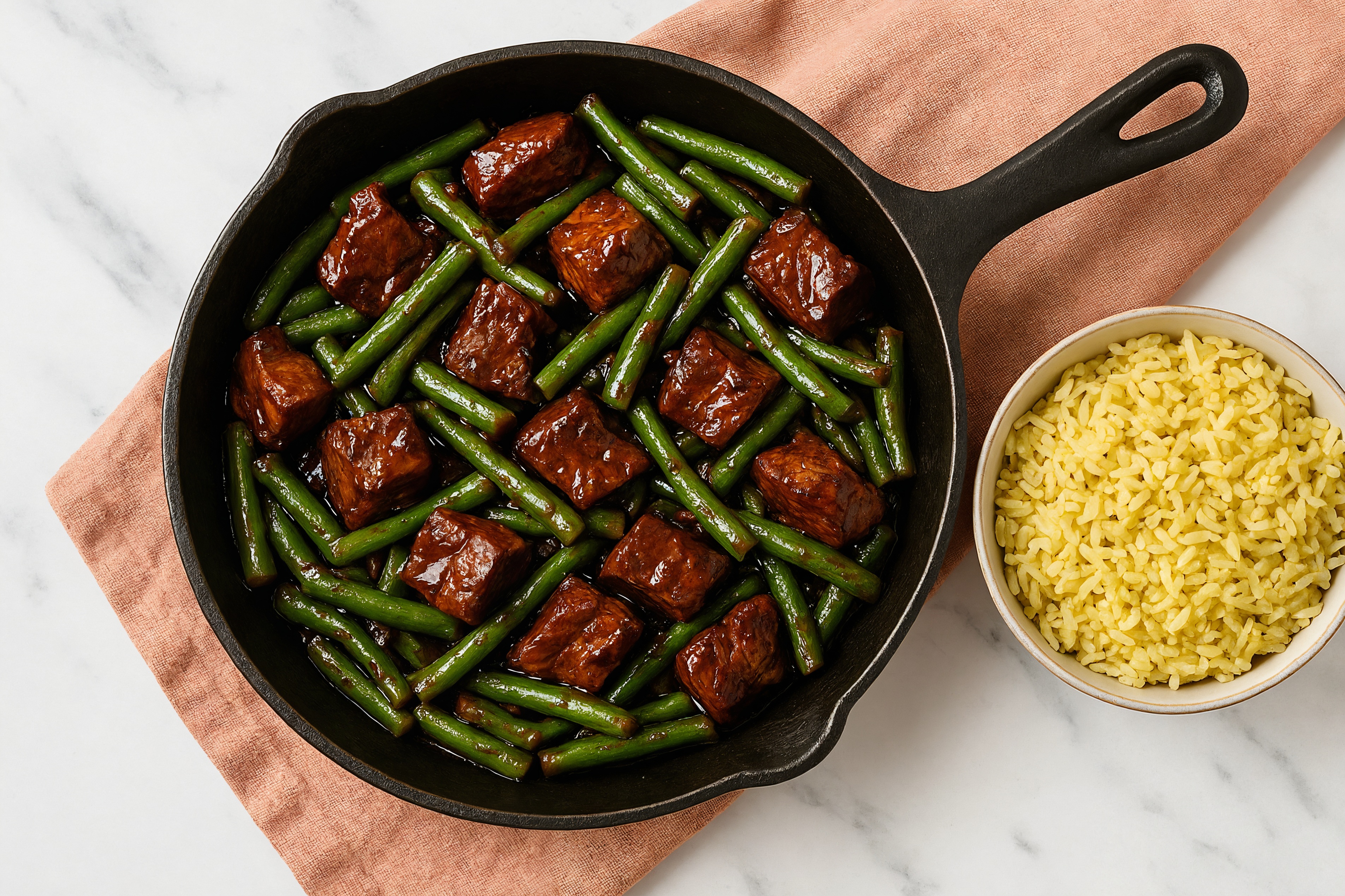 Japanese BBQ Beef Sirloin Stir-Fry with Green Beans over Jasmine Rice