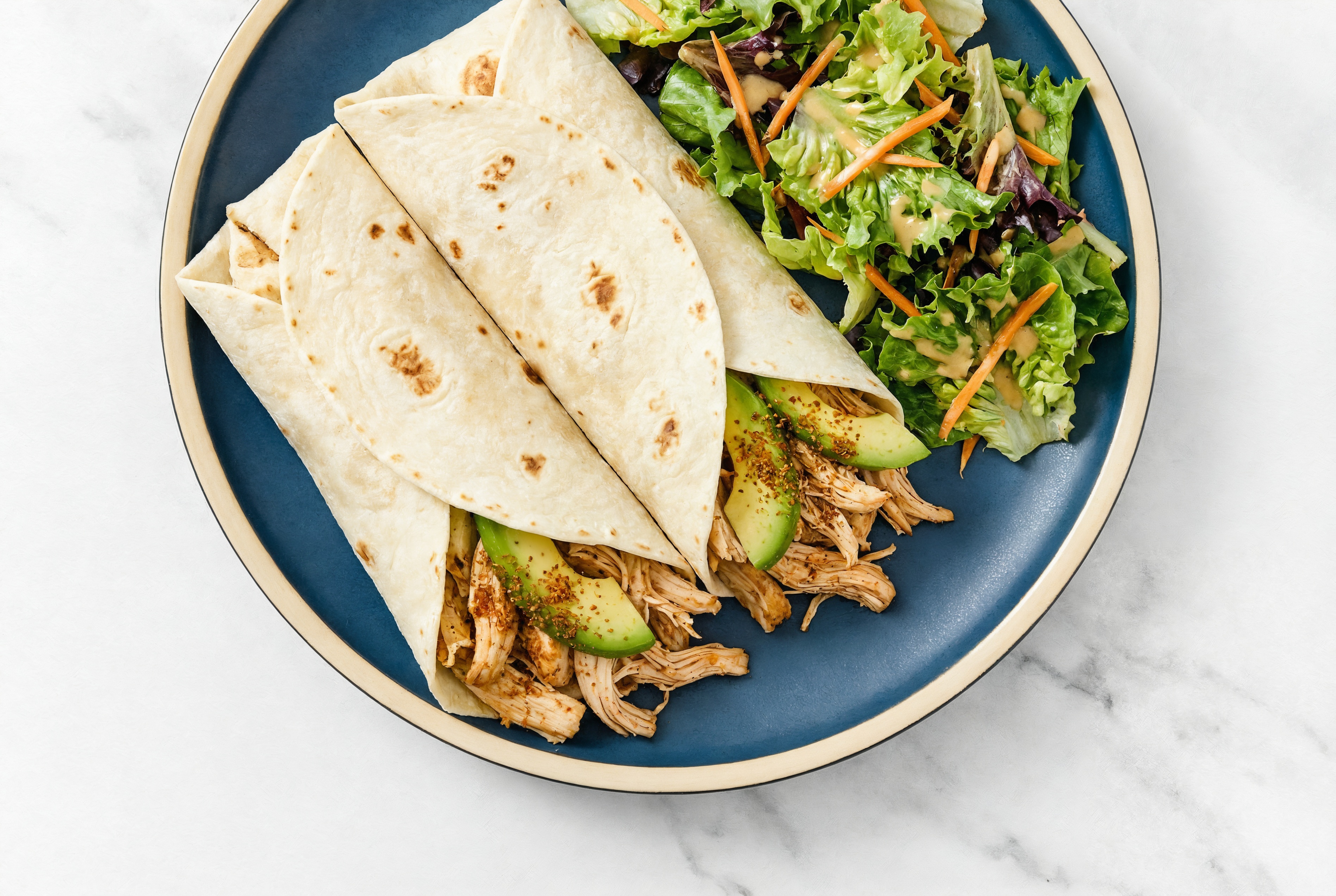 Pulled Chicken + Avocado Wrap with Chopped Little Gem Salad