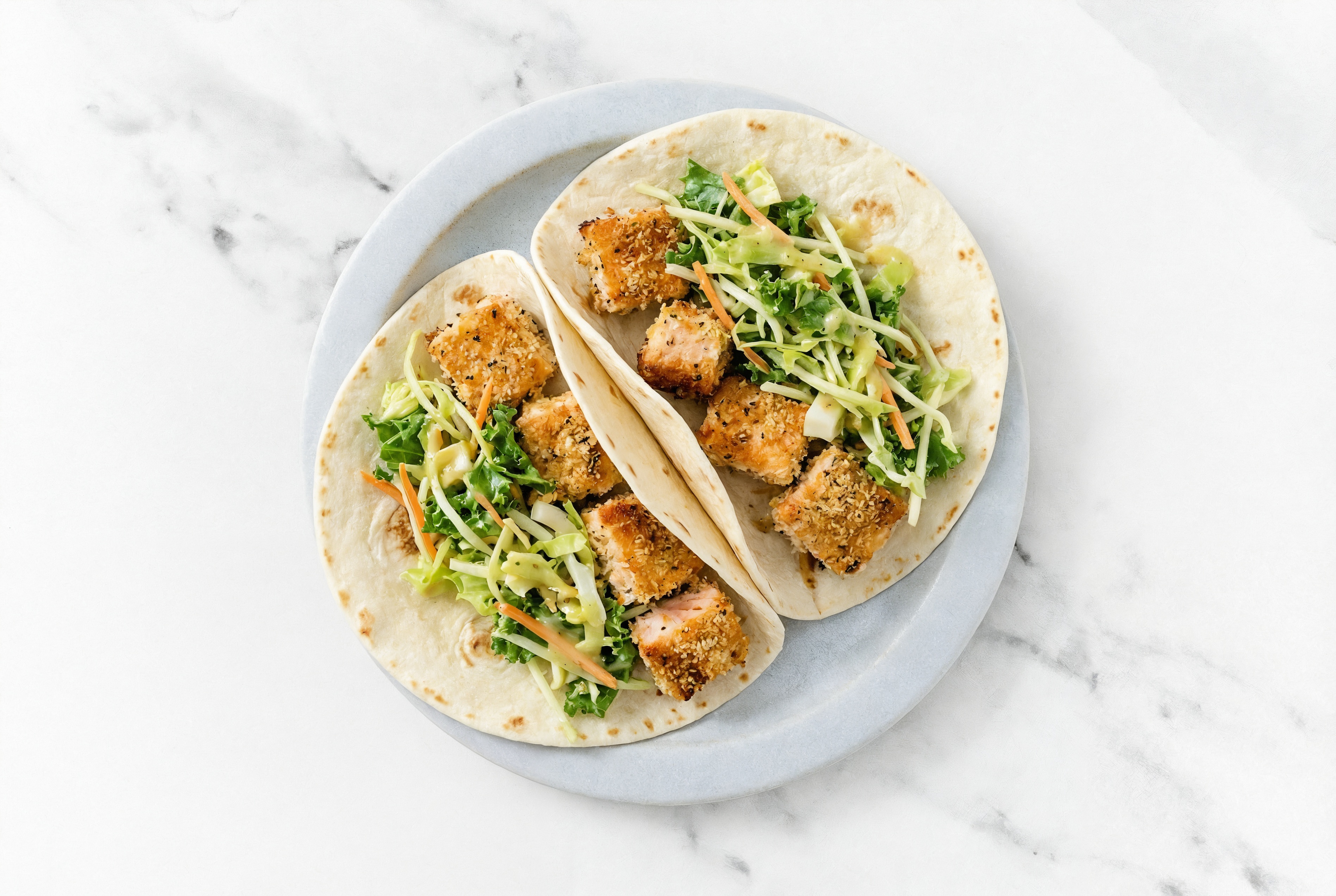 Crispy Salmon Tacos with Honey Mustard Slaw
