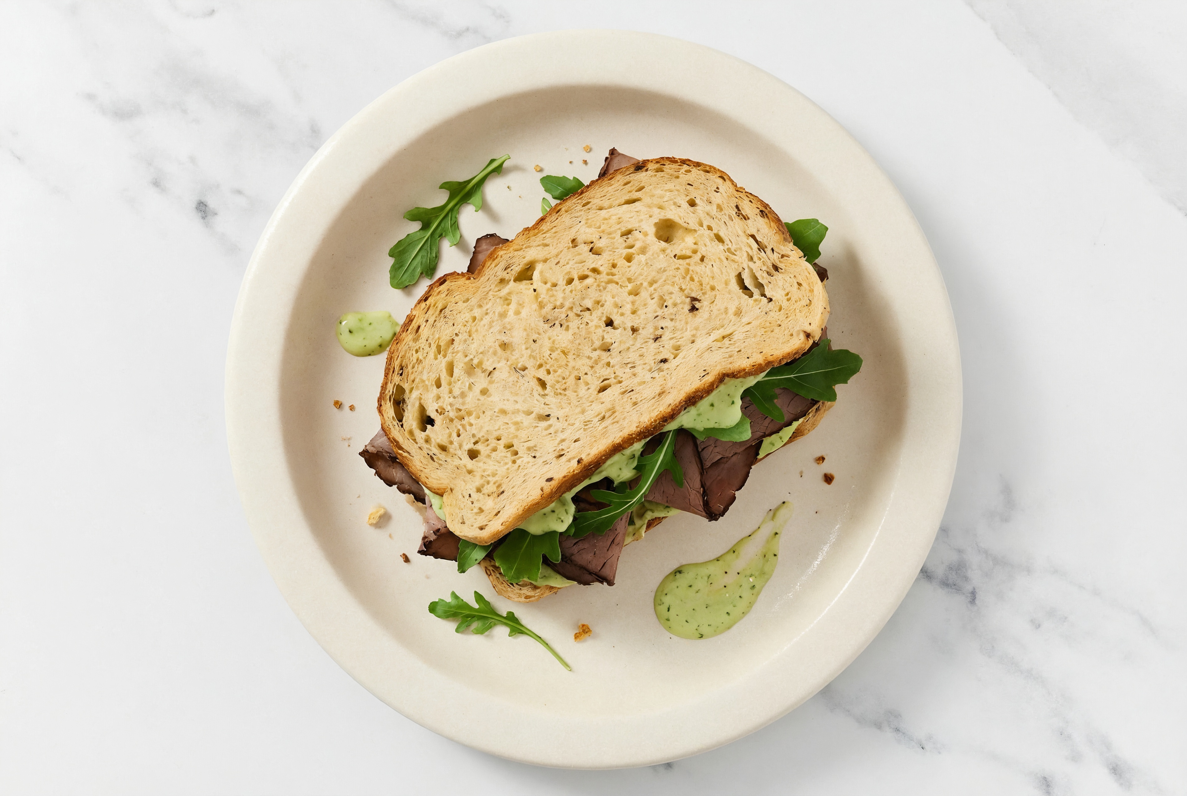 Roast Beef + Arugula Sandwich with Multigrain Bread + Vegan Green Goddess Dressing