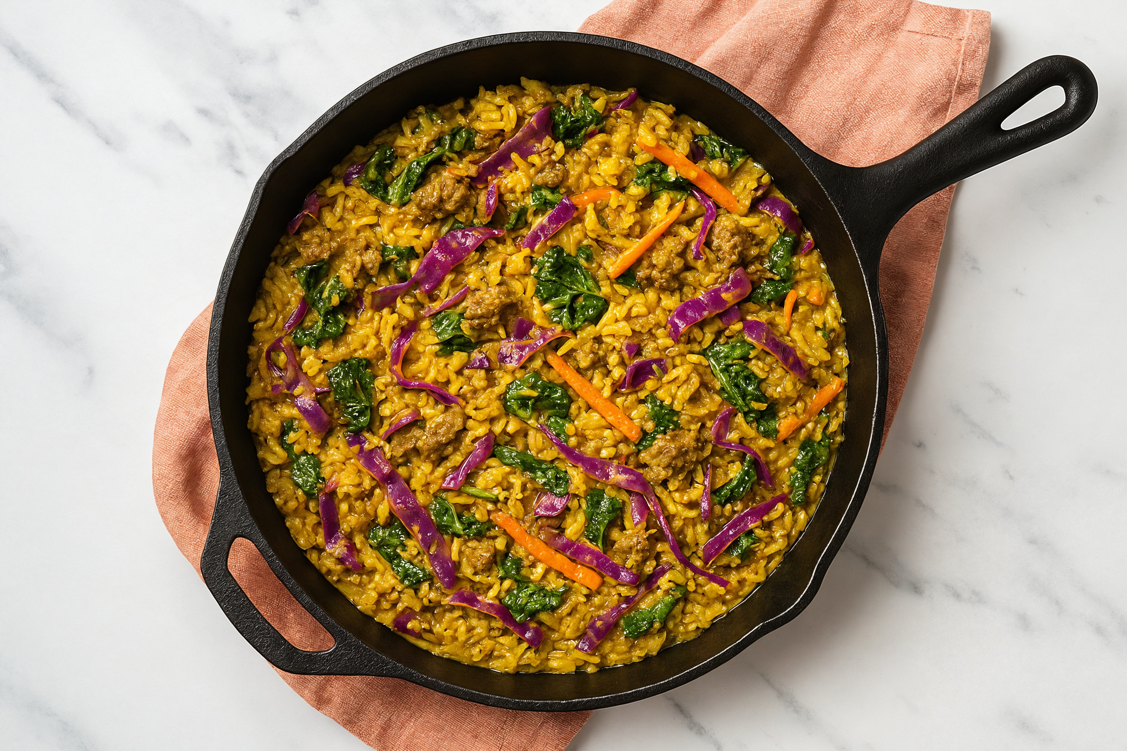 Curry Rainbow Veggie + Ground Bison Stir-Fry with Seasoned Jasmine Rice
