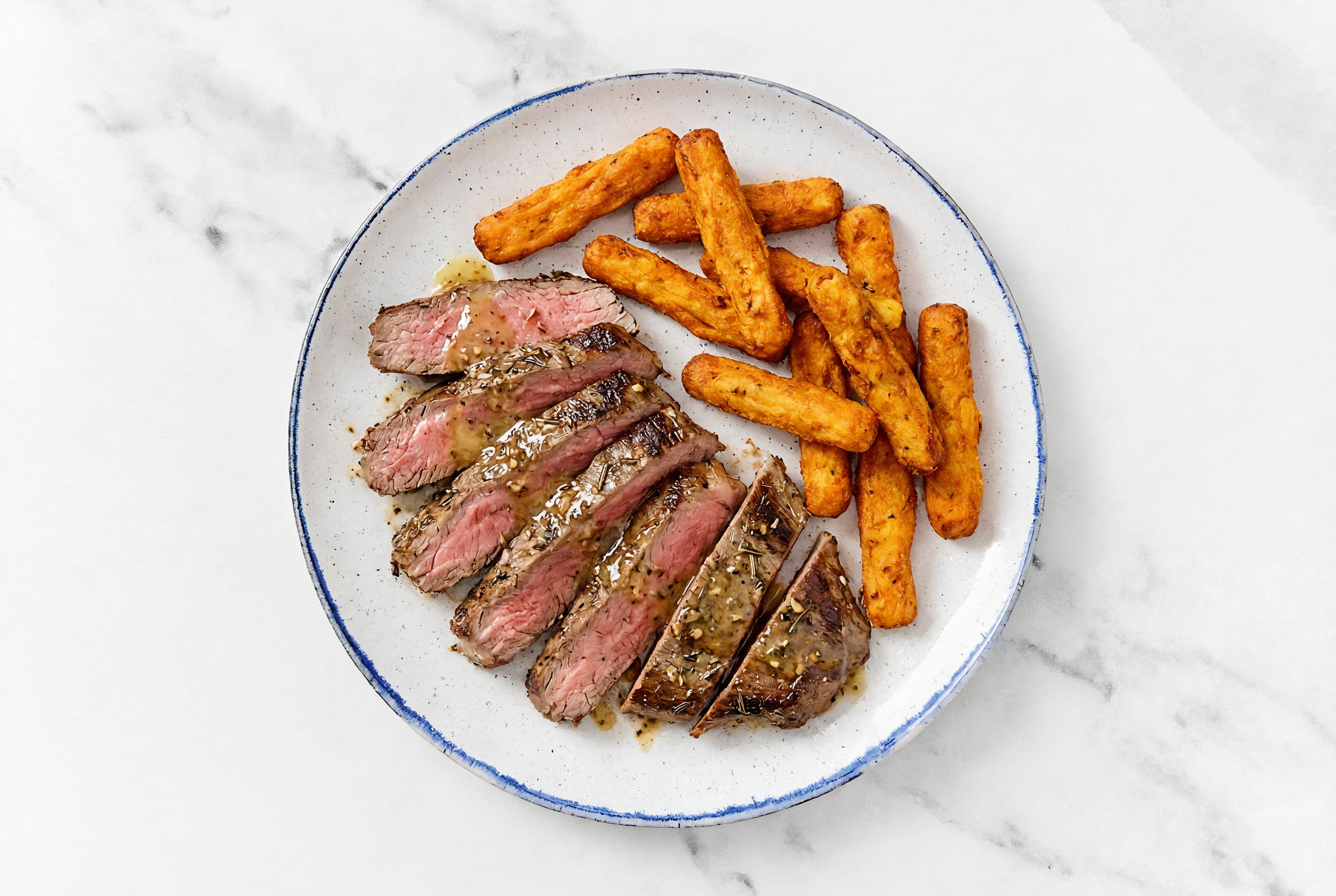 Honey Mustard Rosemary Garlic Beef Flank Steak + Sweet Potato Fries