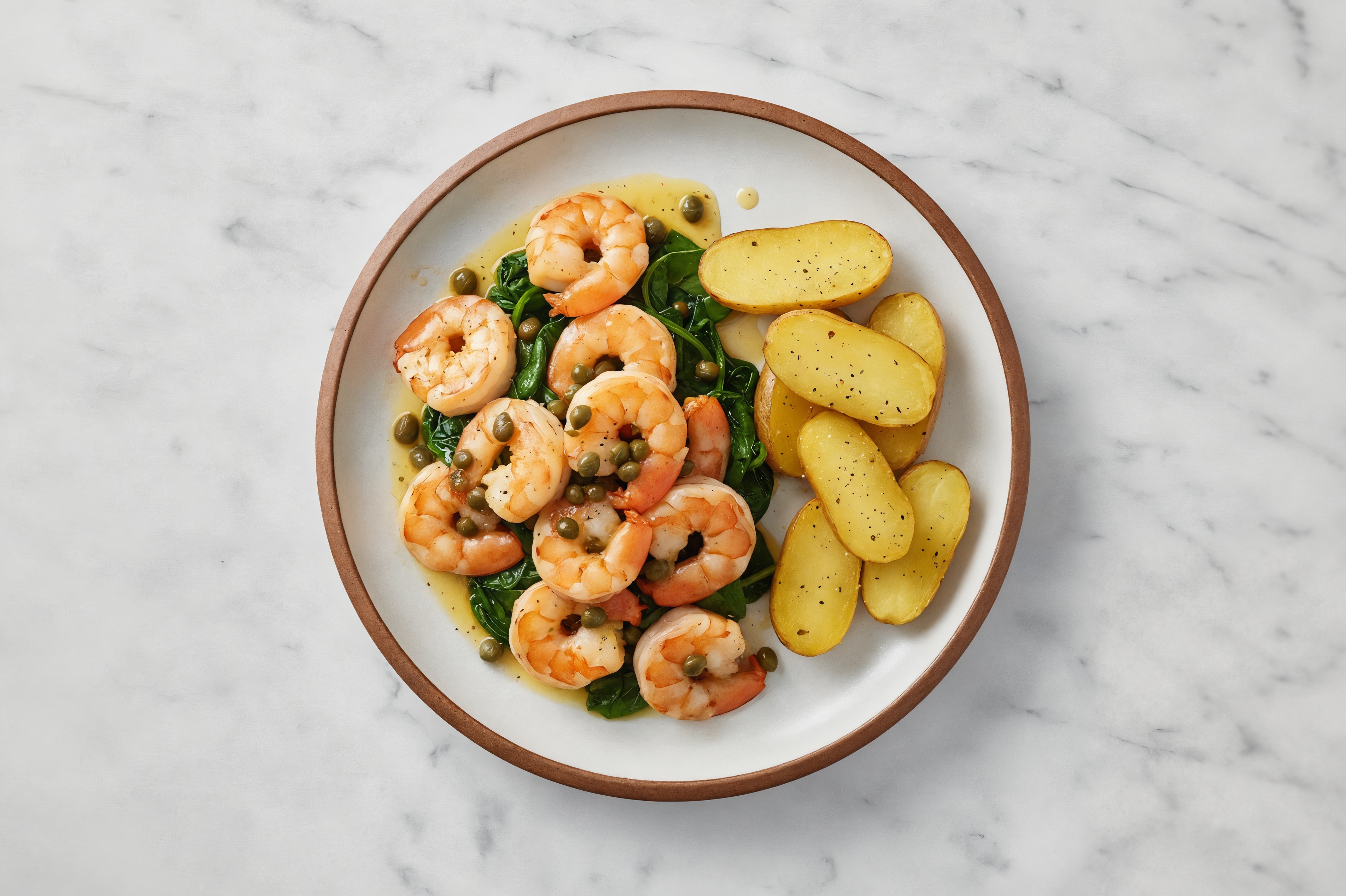 Caper-Slow Churned Pasture Butter Shrimp with Fingerling Potatoes & Spinach